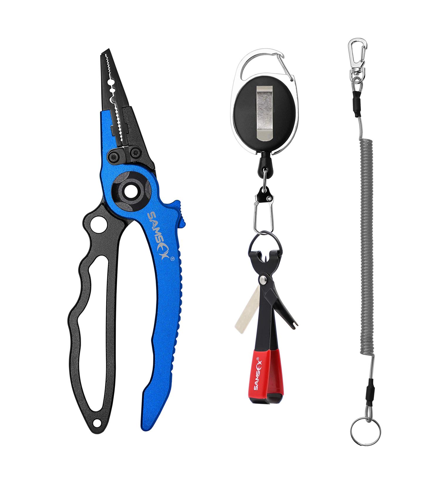 SAMSFX Locking Fishing Pliers Saltwater Set with Quick Knot Tool - Black & Blue Bent Pliers + Wire Lanyard Sheath - Must-Have Fishing Gear - Buy Online on GoSupps.com