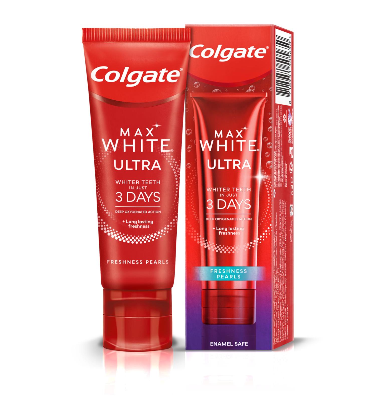 Colgate Max White Ultra Freshness Pearls Teeth Whitening Toothpaste 75ml - Whitens Teeth in 3 Days, Long Lasting Freshness - Enamel Safe Formula - Removes Deep Stains - With Fluoride for White Teeth - Buy Online on GoSupps.com