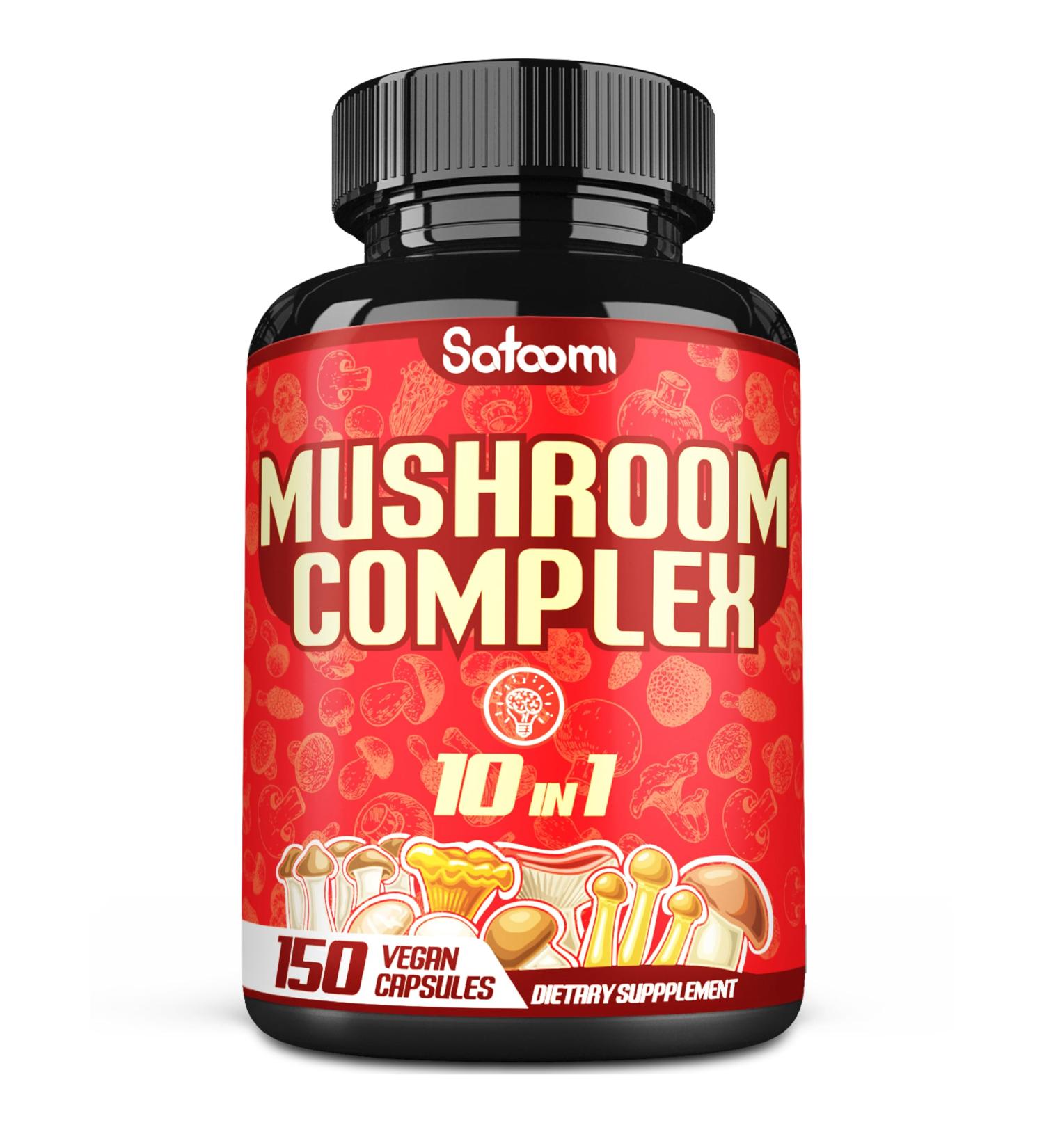 Satoomi 10in1 Mushroom Complex Supplements - 5 Month Supply - Blended with Lions Mane, Cordyceps, Reishi, Chaga, Maitake, Shitake & Others -Brain Support - 150 Capsules - Buy Online on GoSupps.com