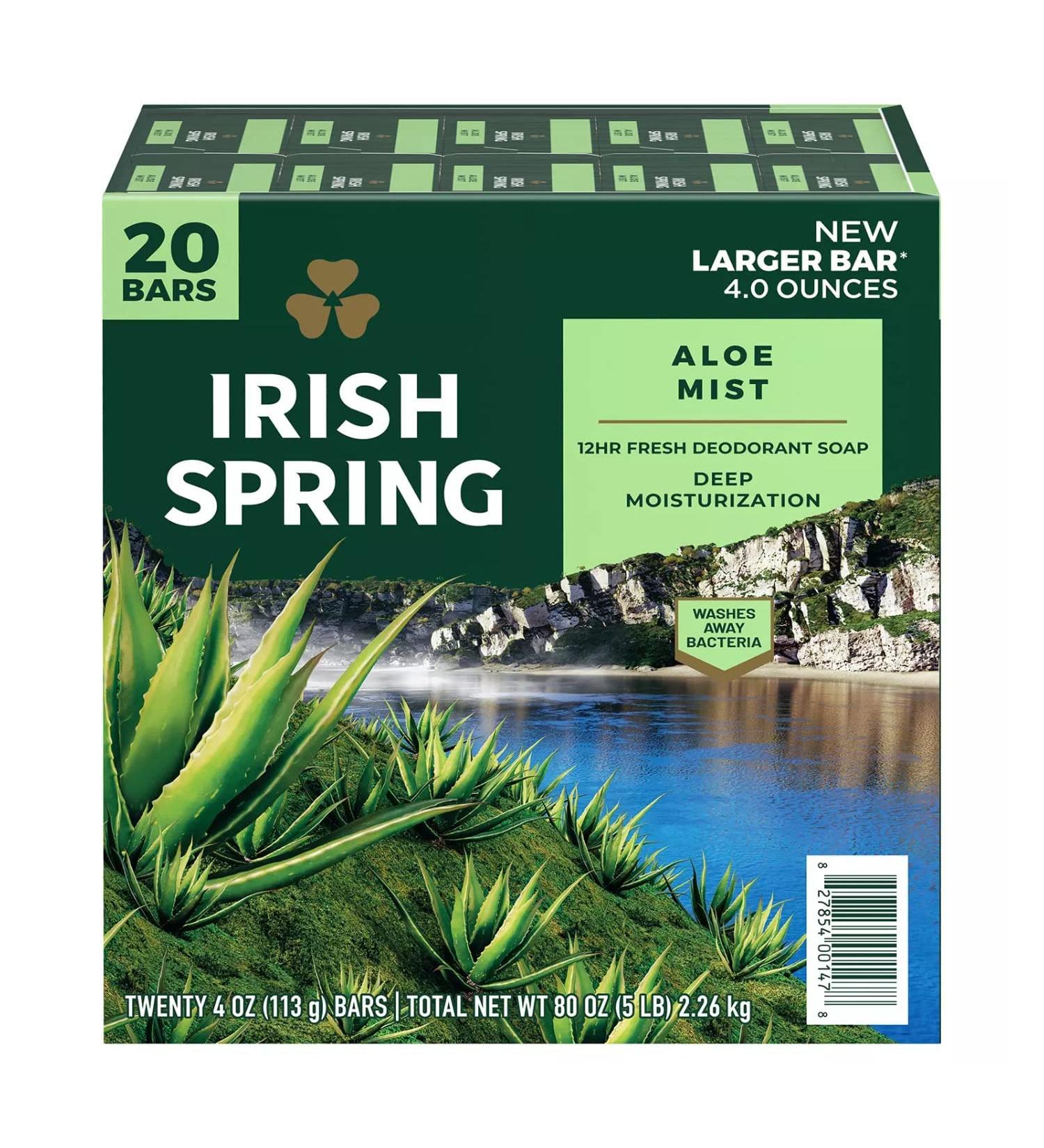 Irish Spring Aloe Bar Soap 3.75 Oz - Pack of 20 Bars | 3.75 Ounce (Pack of 20) | Aloe Infused Soap Bars - Buy Online on GoSupps.com