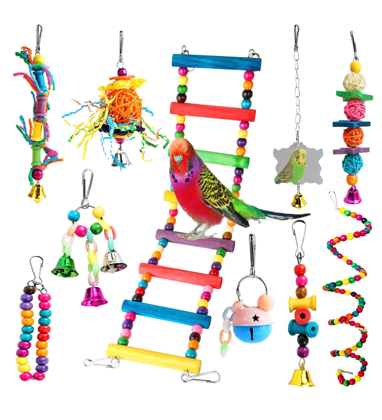 Chikanb 10-Piece Parrot Toys Set - Natural Wood Bird Cage Swings & Toys for Small & Medium Pets - Buy Online on GoSupps.com