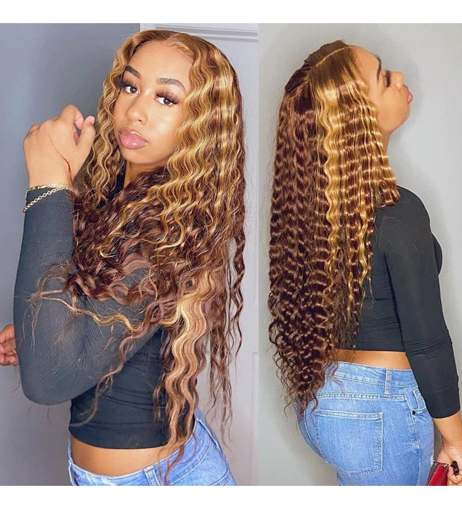 BLY Highlight Deep Wave Lace Front Wig #4/27 Ombre 18 Inch - Honey Blonde Pre Plucked Glueless Wig 180% Density - Buy Online on GoSupps.com
