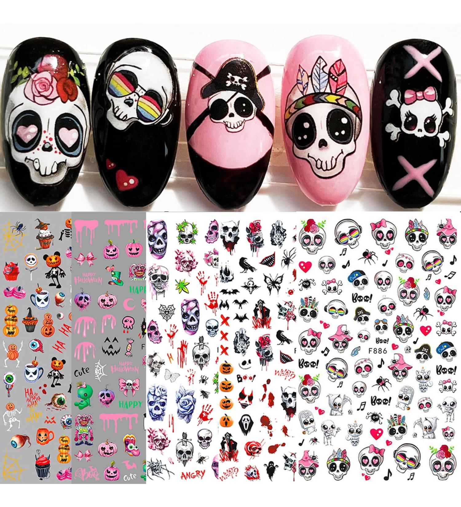 10 Sheets Halloween Nail Art Stickers Decals Self-Adhesive Pink Green Blood Skeleton Nail Supplies Nail Art Design Decoration Accessories - Buy Online on GoSupps.com