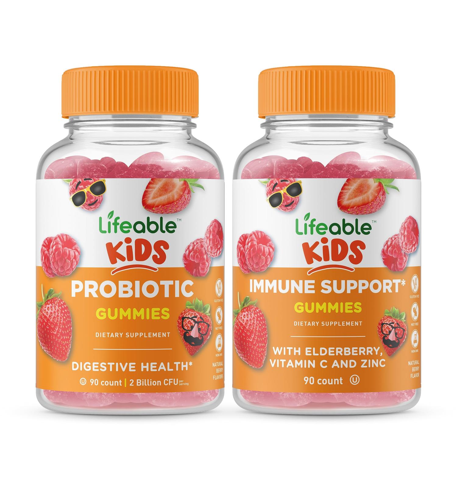 Lifeable Probiotic 2 Billion CFU Kids + Immune Support Kids Gummies Bundle - Great Tasting Vitamin Supplement Gluten Free GMO Free Chewable Gummy - Buy Online on GoSupps.com