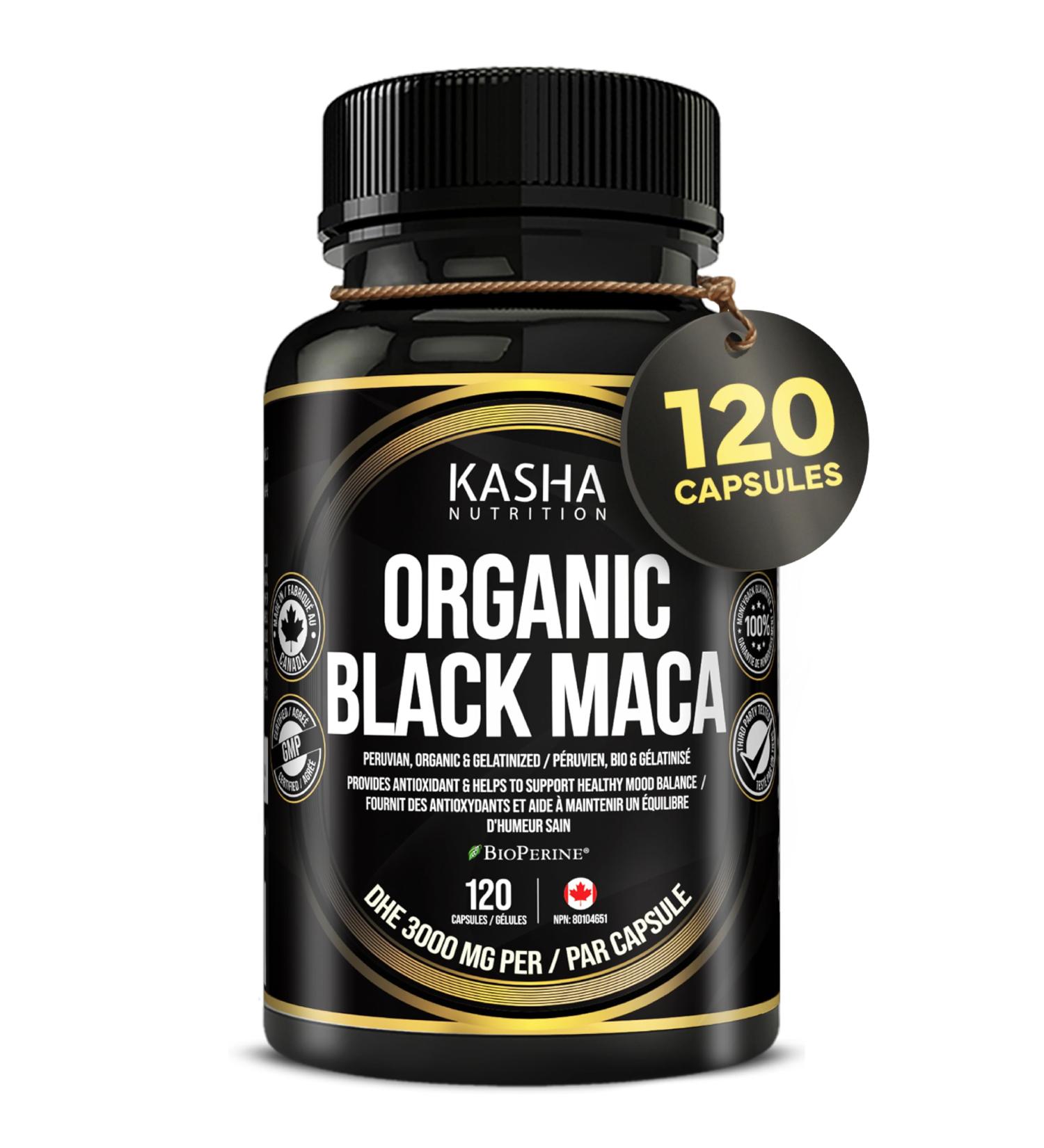 KASHA Nutrition Organic Black Maca DHE 3000mg with Bioperine per Capsule - Organic Gelatinized Maca for Men Women and All Genders | 750 mg 4:1 Extract Maca Root / Maca Powder | Proudly Canadian | 4 Month Supply. Non-GMO Vegan Gluten Free Soy Free Vegetari - Buy Online on GoSupps.com