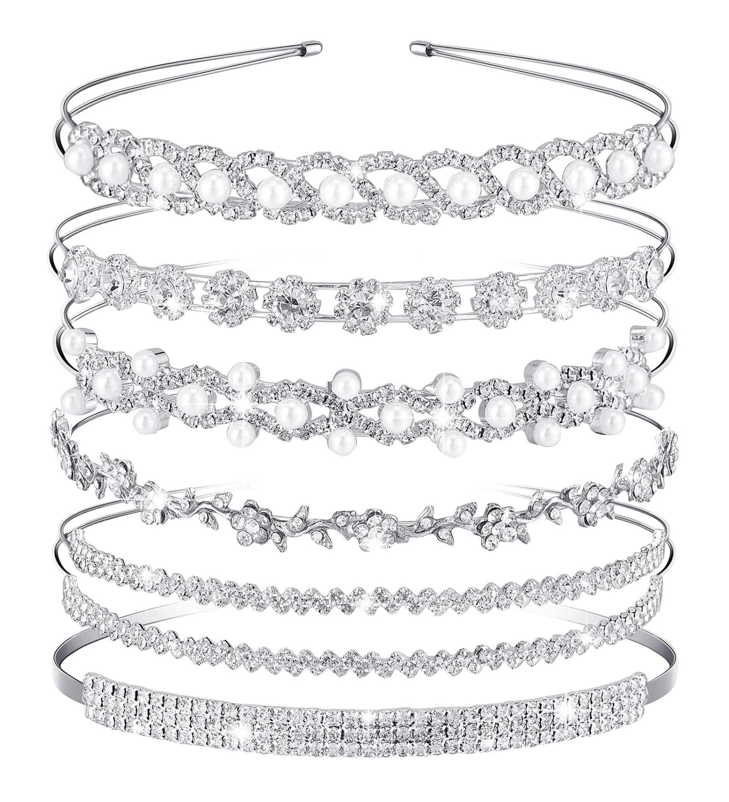 6-Piece Rhinestone Wedding Headband Set - Crystal Flower Girl Tiara with Faux Pearl Accents for Bride, Bridesmaids, Wedding Party - Chic Pattern - Buy Online on GoSupps.com