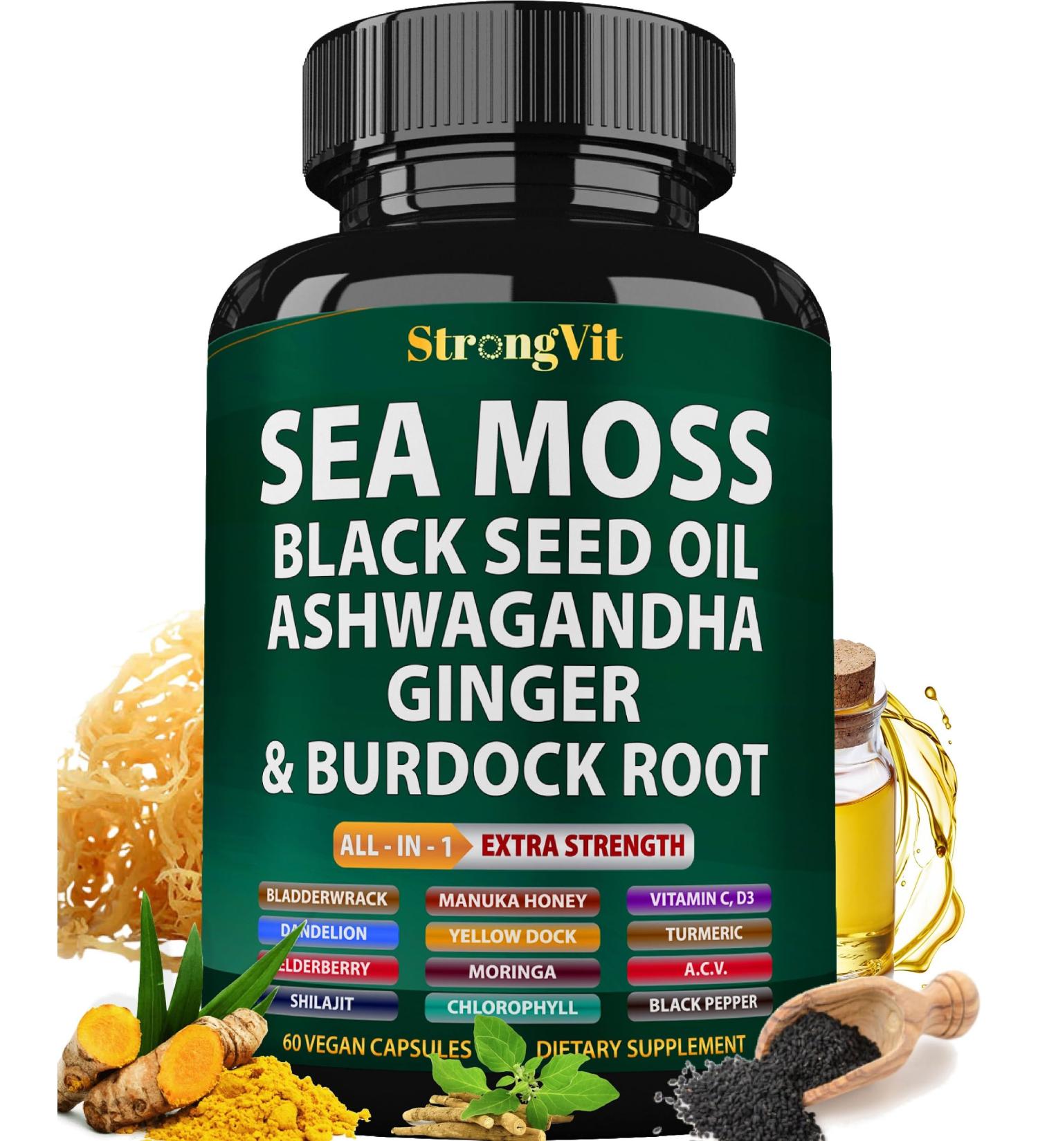Sea Moss Black Seed Oil Ashwagandha Ginger Organic Sea Moss Capsules with Burdock Root Irish Seamoss Pills with Bladderwrack Advanced Multimineral Supplement USA 60 Count (Pack of 1) - Buy Online on GoSupps.com