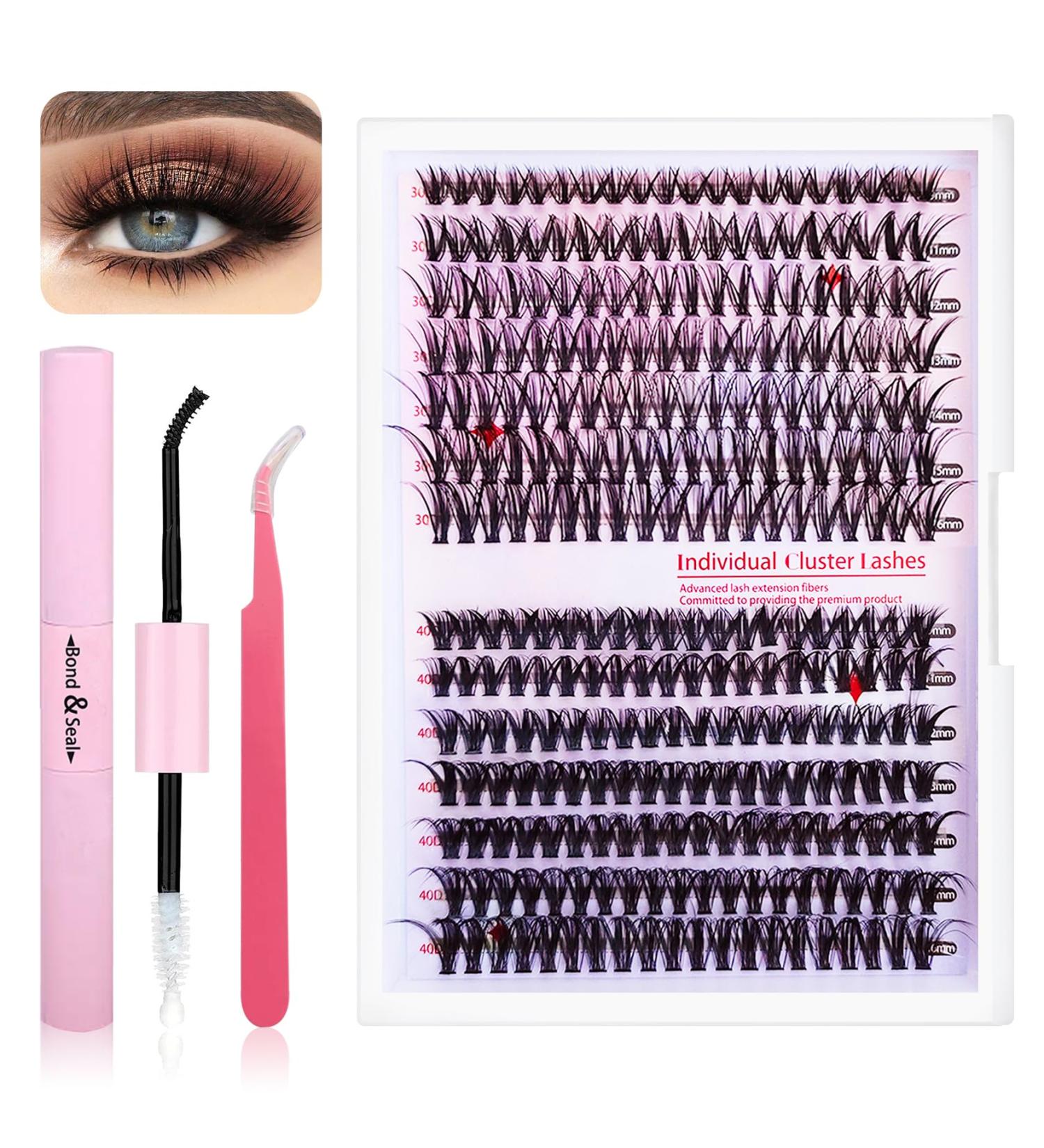 DIY Lash Extension Kit - 30D & 40D Individual Clusters Natural False Lashes with Bond Seal Applicator Tool & Tweezers - International Shipping - Buy Online on GoSupps.com