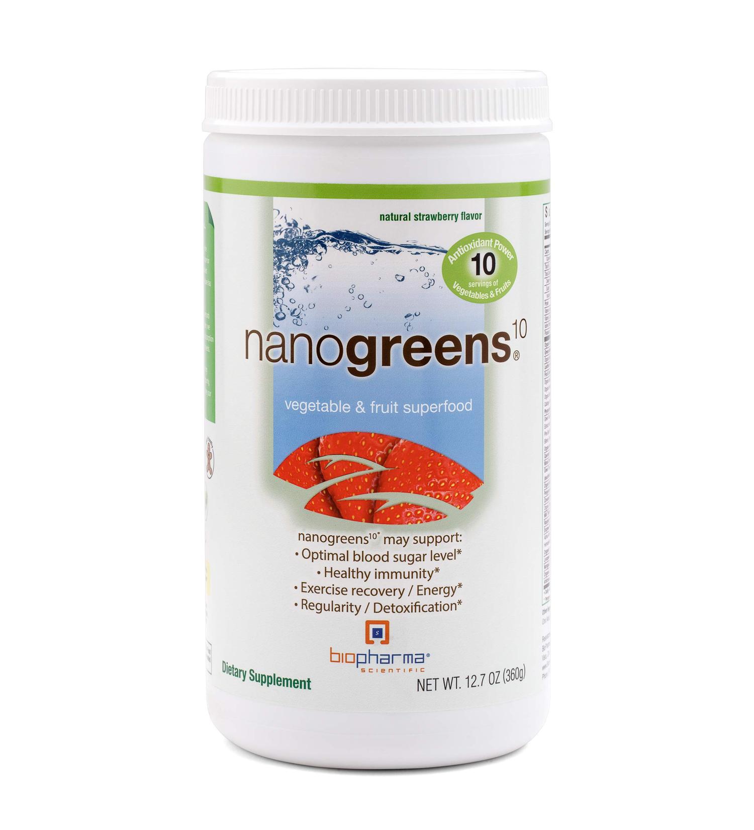 Biopharma Scientific NanoGreens Fruit & Vegetable Superfood Powder - Natural Strawberry Flavor | 30 Servings | Spirulina, Chlorella, Kale, Spinach & Enzymes - Buy Online on GoSupps.com