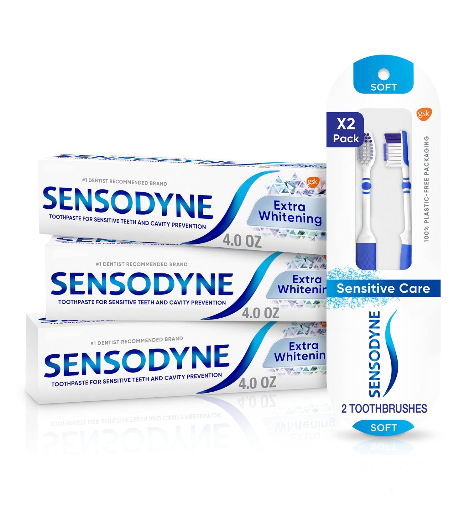 Sensodyne Extra Whitening Toothpaste 4oz x 3 & Soft Toothbrush Pack 2 Count Bundle - Buy Online on GoSupps.com