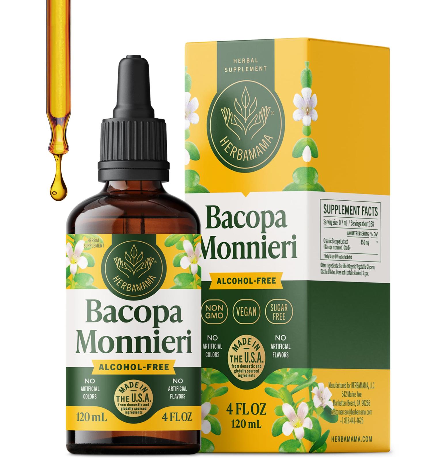 HERBAMAMA Bacopa Monnieri Supplement - Vegan Brain Focus and Clarity Support with Bacopa Extract Tincture - Non-GMO Alcohol & Sugar-Free Brahmi Herb Drops 168-Day Supply 4 Fl Oz (Pack of 1) - Buy Online on GoSupps.com