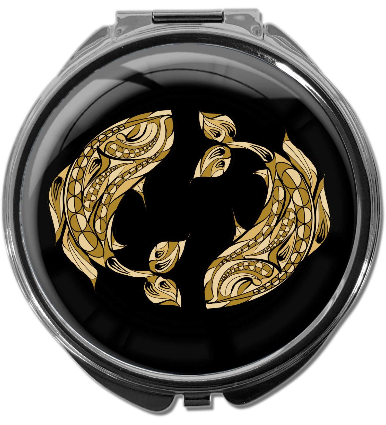 Zodiac Sign Pisces Metal Pill Box with Mirror | Round 3 Compartment Organizer | Gold - Perfect Gift - Buy Online on GoSupps.com