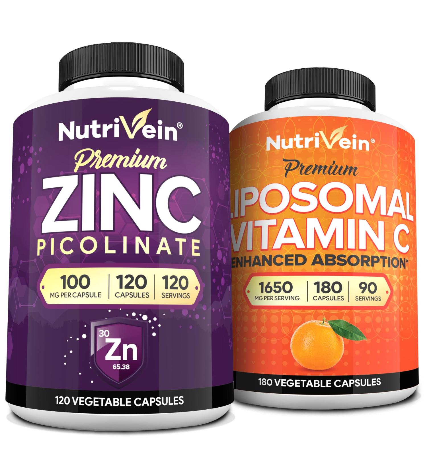 Nutrivein Premium Zinc Picolinate & Liposomal Vitamin C Supplement Bundle: High-Absorption Vitamin C Capsules & Zinc Supplements Defense and Vitality Bundle - Buy Online on GoSupps.com