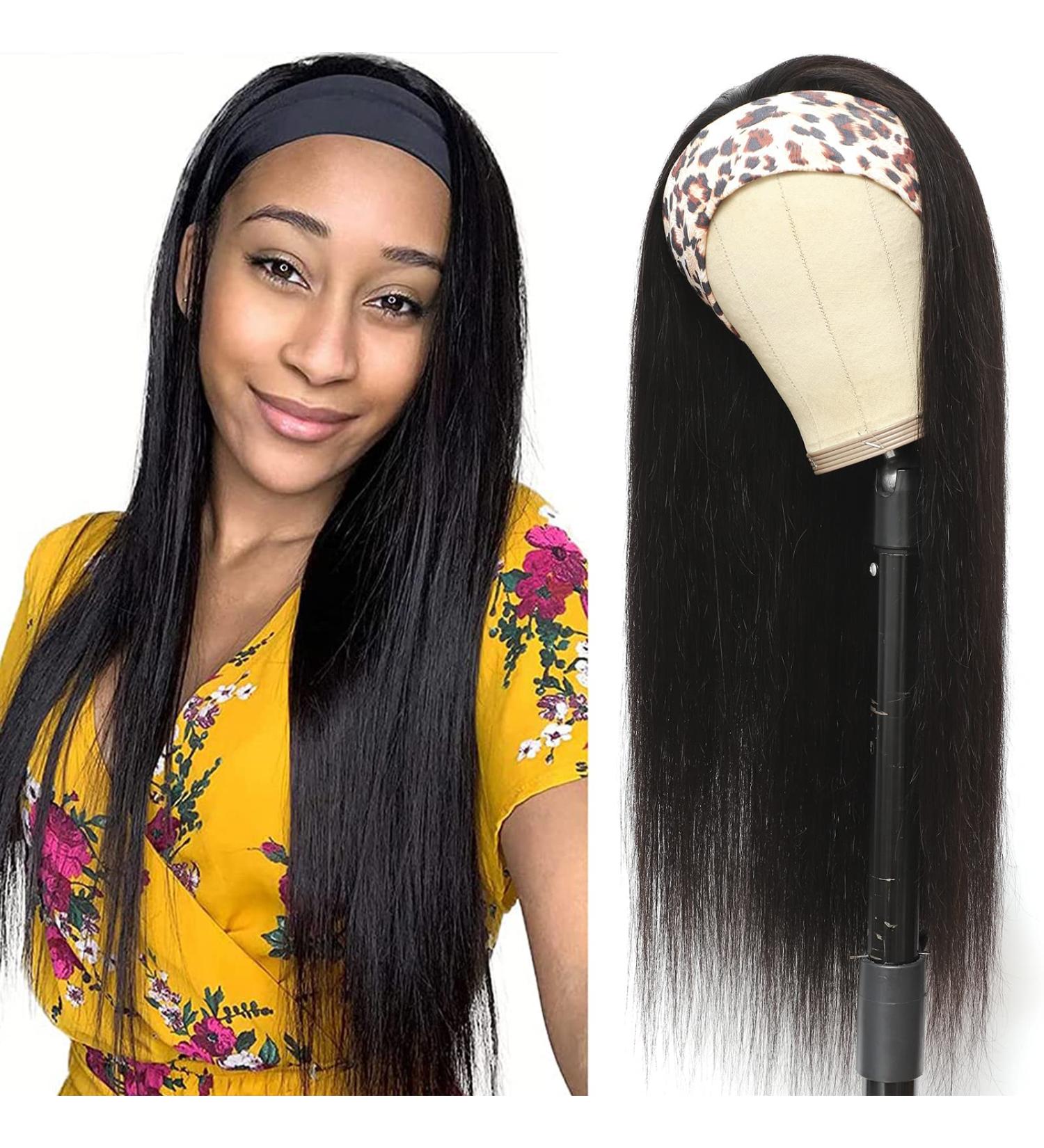 18 Inch Brazilian Virgin Human Hair Headband Wig for Black Women - 150% Density, Natural Color - Glueless, None Lace Front - Straight Hair - Buy Online on GoSupps.com