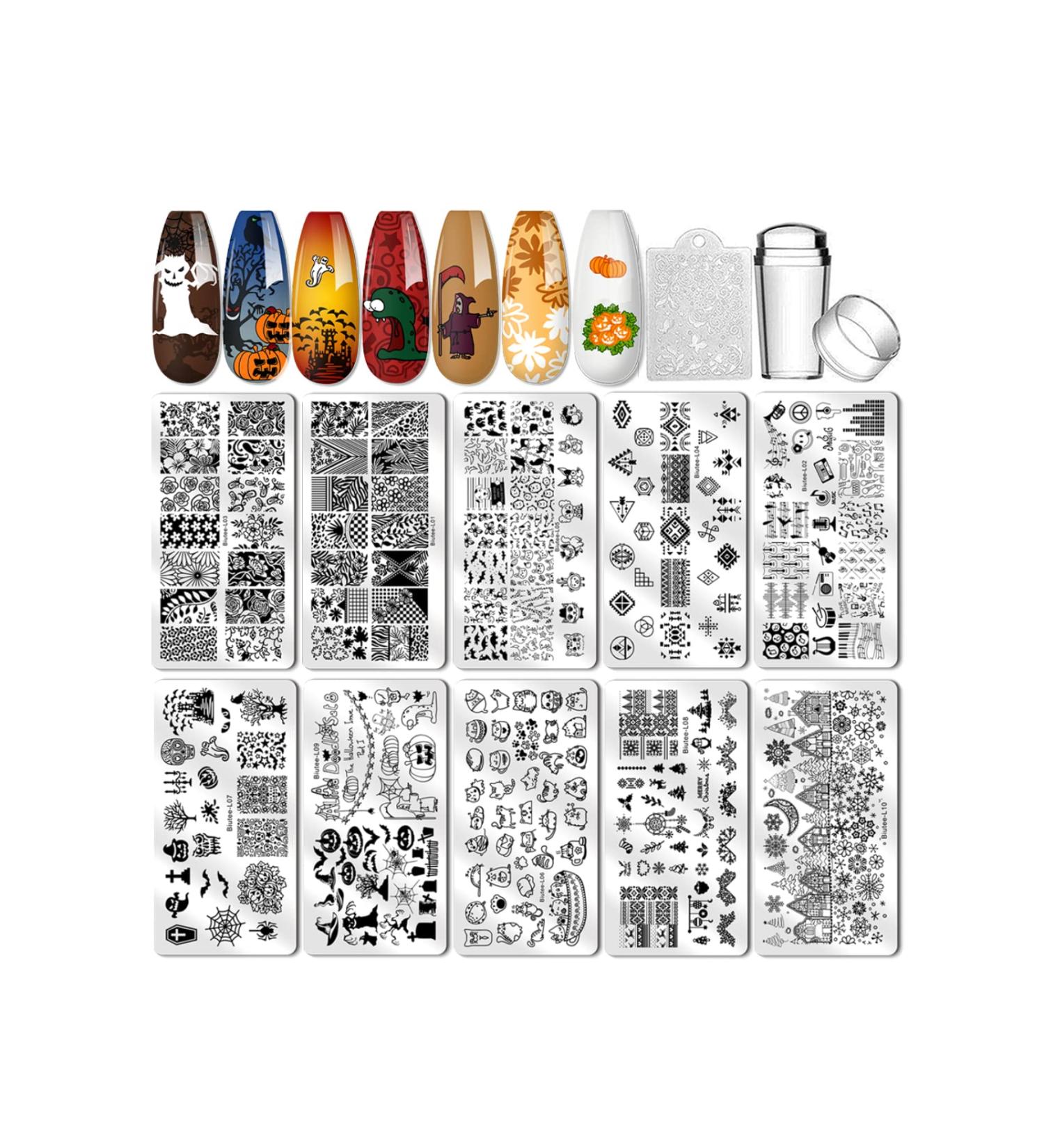Biutee Nail Stamping Plates Kit - 10pc Templates with Stamper | Nail Art Plates for Leaves, Flowers, Animals & Holidays - Buy Online on GoSupps.com