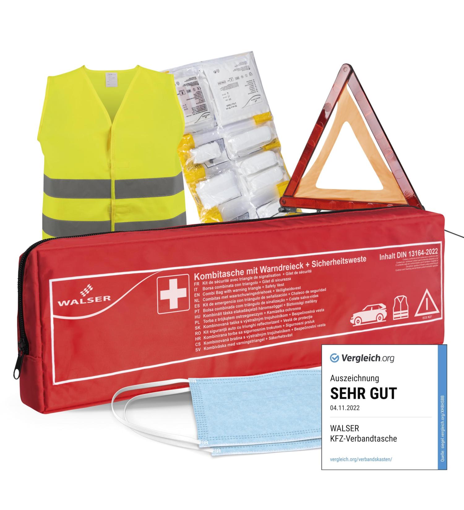 Walser 2024 Car Bandage Pocket - STVO Compliant 3-in-1 First Aid Set with Breakdown Triangle & Warning Vest | DIN 13164 Approved - Buy Online on GoSupps.com
