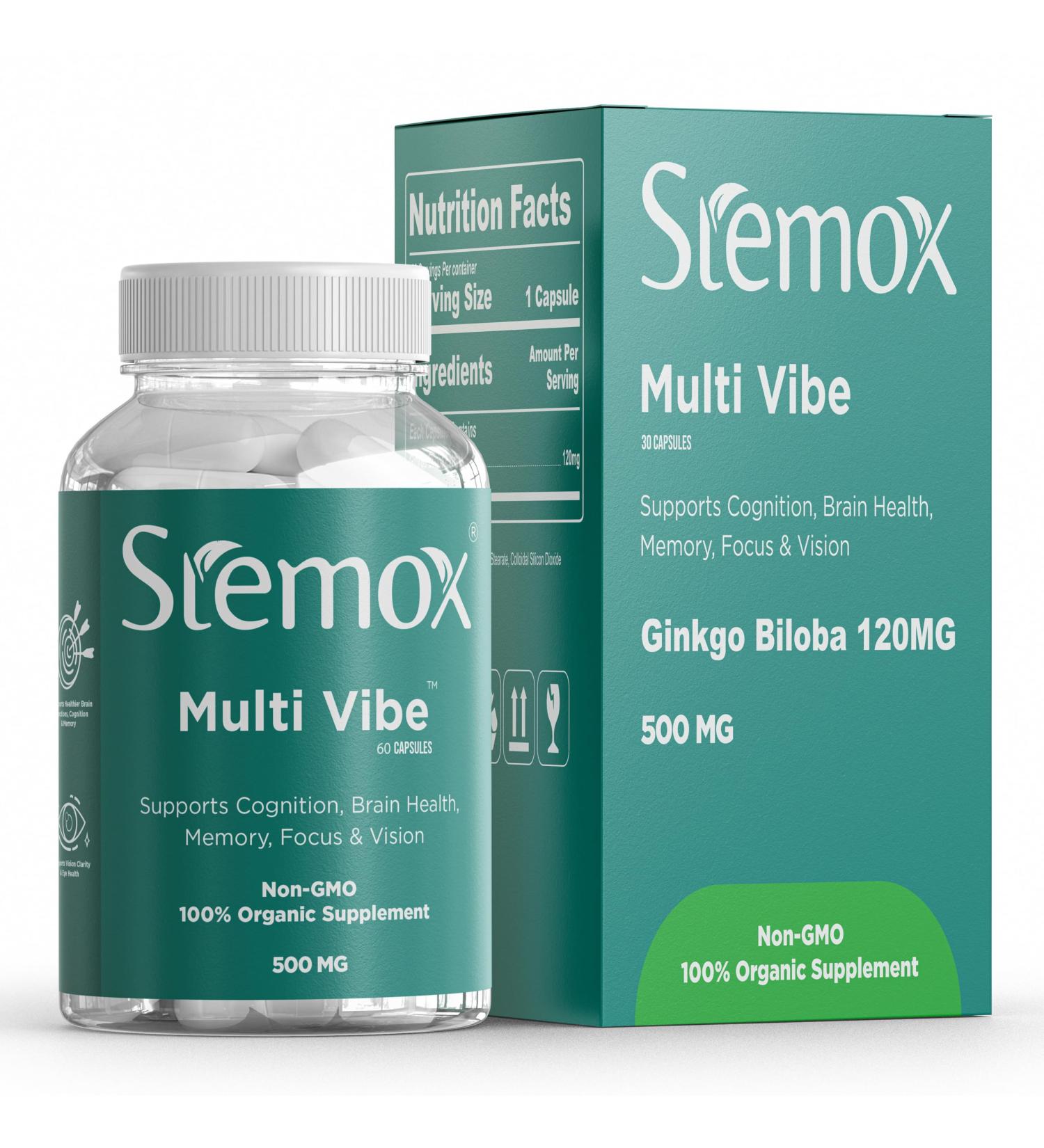 Stemox Multi Vibe Brain Supplement with Ginkgo Biloba 120mg Ginkgo Biloba Capsules Memory Supplements B Vitamins Focus Support Cognitive Health 60 Capsules - Buy Online on GoSupps.com