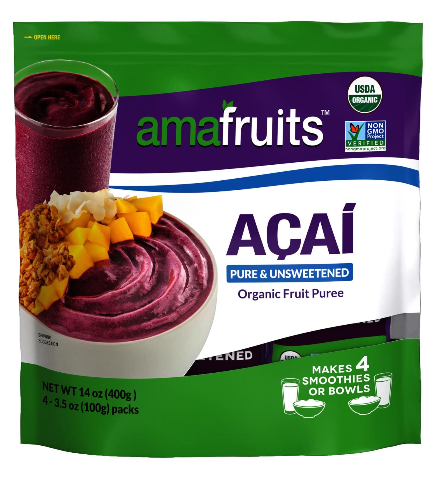 Amafruits Acai Berry Frozen Puree - Organic & Non-GMO | Unsweetened Smoothie Packs | Antioxidant Rich Superfruit - 72 Packs x 3.5oz - Buy Online on GoSupps.com