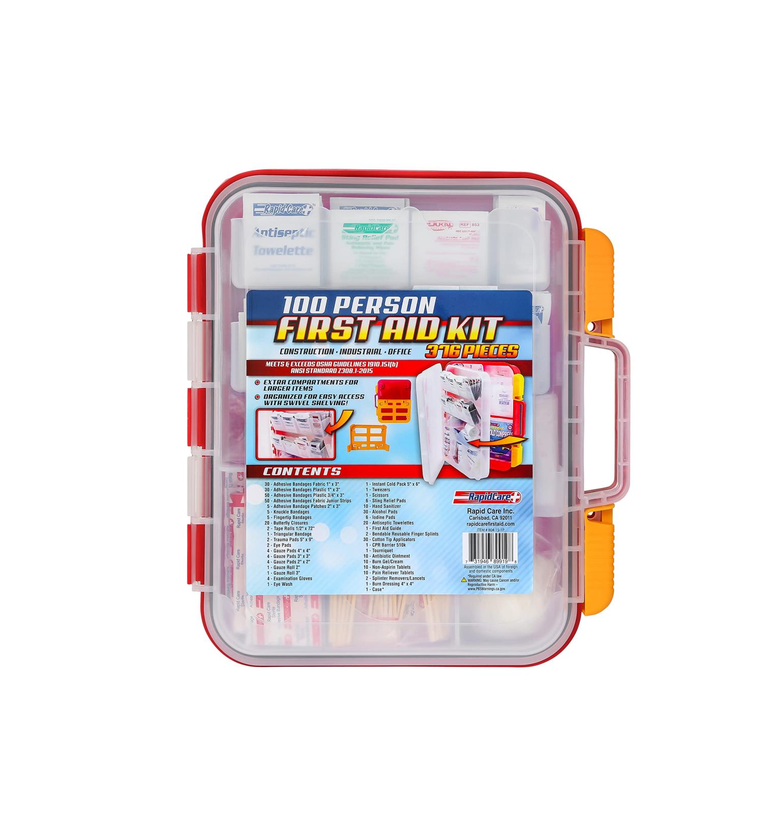 Rapid Care First Aid 804-15-12 100 Person 376 Piece Emergency First Aid Kit  Exceeds 2015 OSHA/ANSI Standards  Wall Mountable  Multi Compartment with Easy Access Tilt Trays Clear/Red Meets OSHA / ANSI 2015 - Buy Online on GoSupps.com