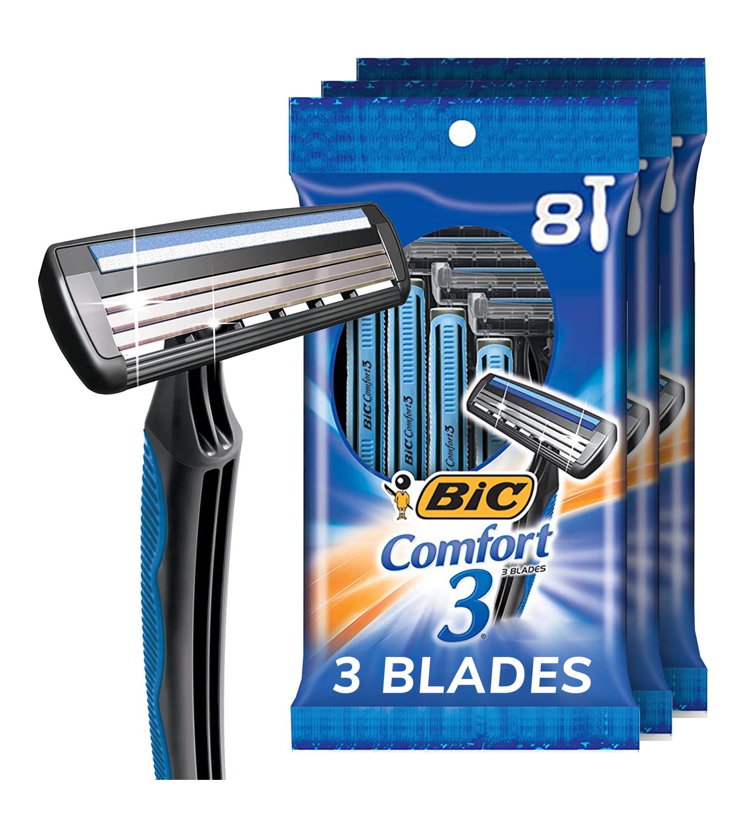 BIC Comfort 3 Men's Disposable Razors - Ultra-Soothing Shave with 3 Blades - 8 Count (Pack of 3) - Buy Online on GoSupps.com