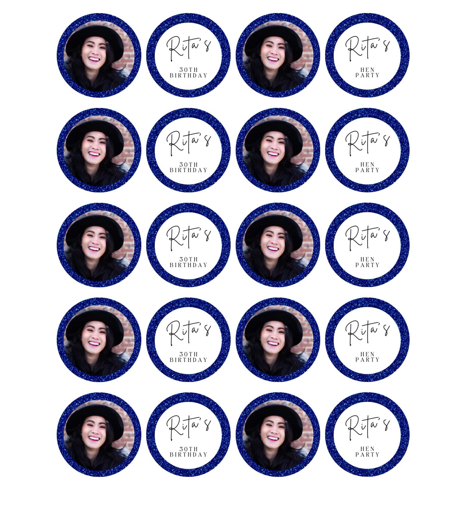 edible 20 x 5cm YOUR PHOTO Personalised NAVY cupcake toppers uncut HEN/BIRTHDAY/RETIREMENT (wafer card)