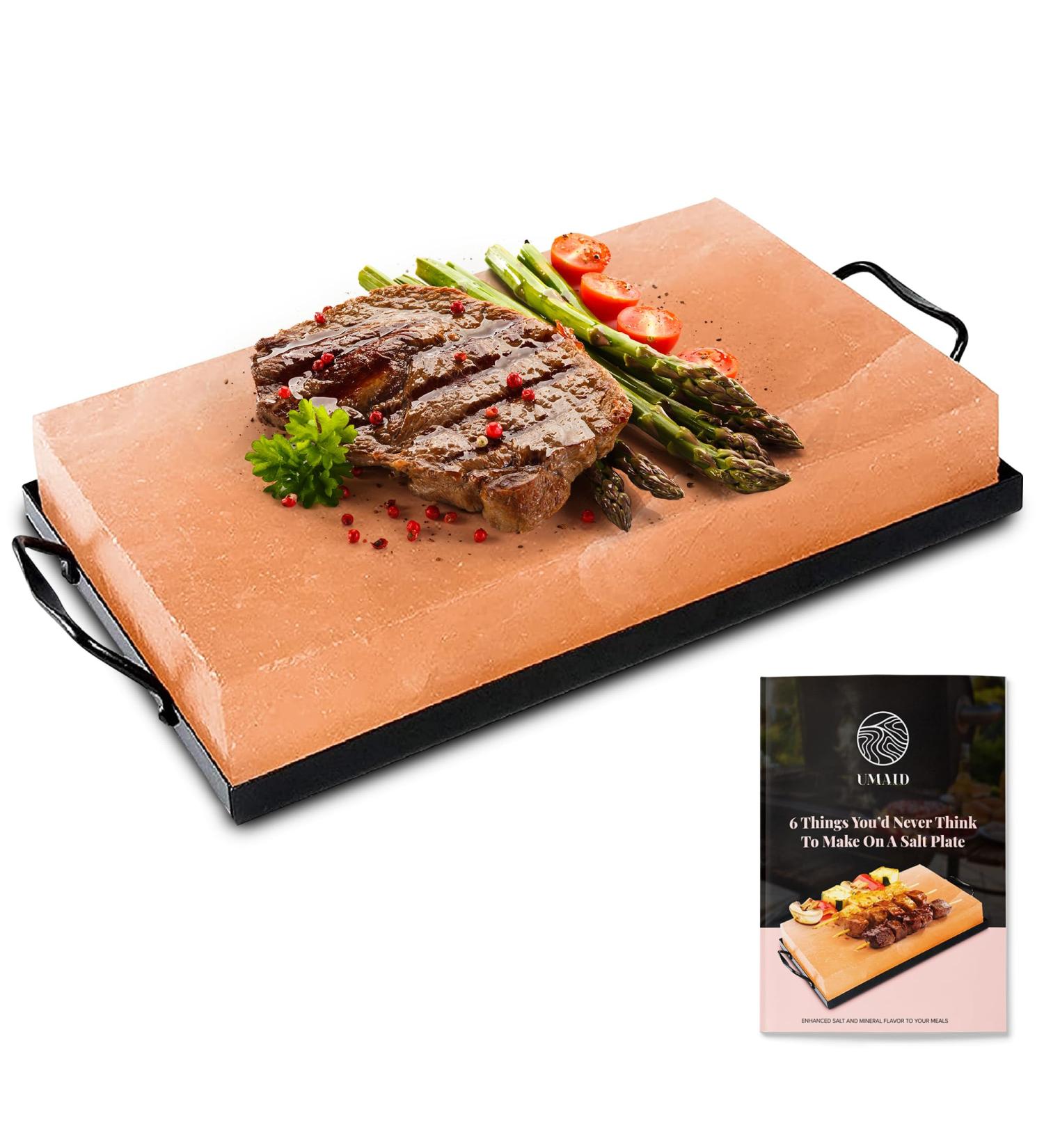 UMAID Natural Himalayan Rock Salt Block Cooking Plate for Cooking Grilling Cutting and Serving Food Grade Salt with Metal Steel Tray Set with Recipe Pamphlet Salt cooking block 12 X 8 X 1.5 Himalayan Salt Cooking Block - Buy Online on GoSupps.com