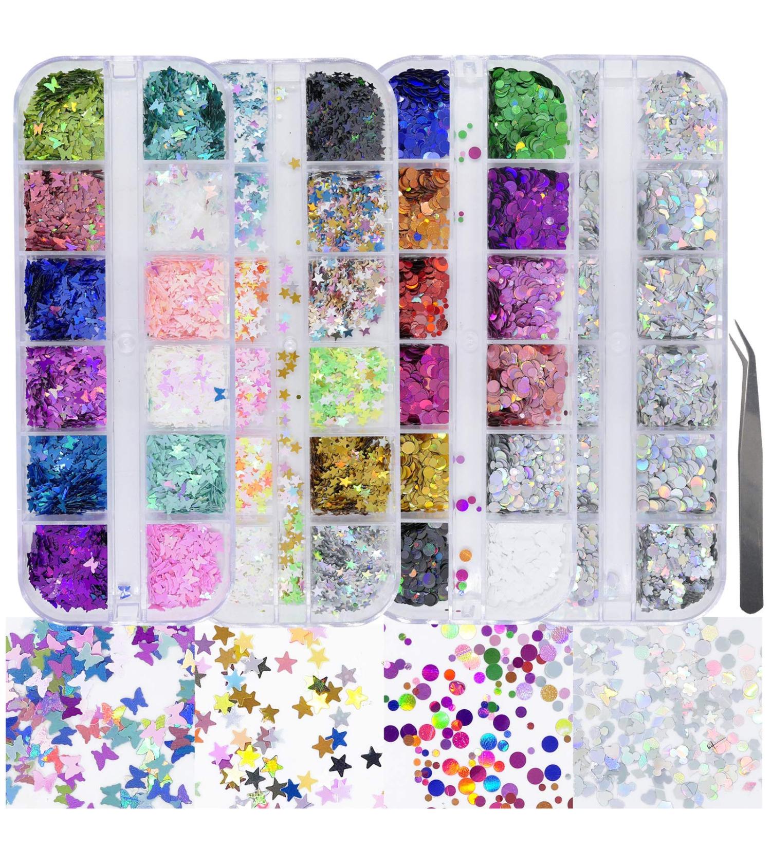 Holographic Nail Sequins Shapes Set - Butterfly, Hearts, Stars | Iridescent Glitter Flakes for Nail Art, Crafts, Makeup - 4 Boxes (Style A) - Buy Online on GoSupps.com