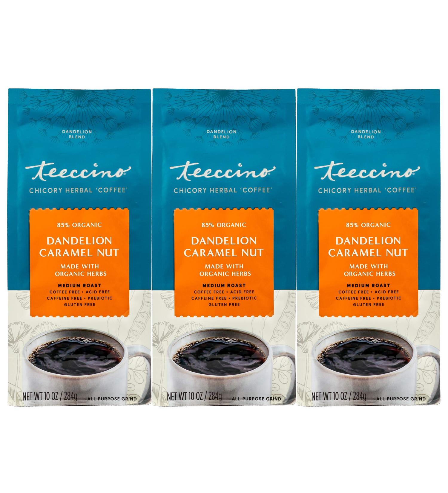 Teeccino Dandelion Caramel Nut Herbal Coffee, Prebiotic & Gluten Free - 10oz (Pack of 3) - Buy Online on GoSupps.com