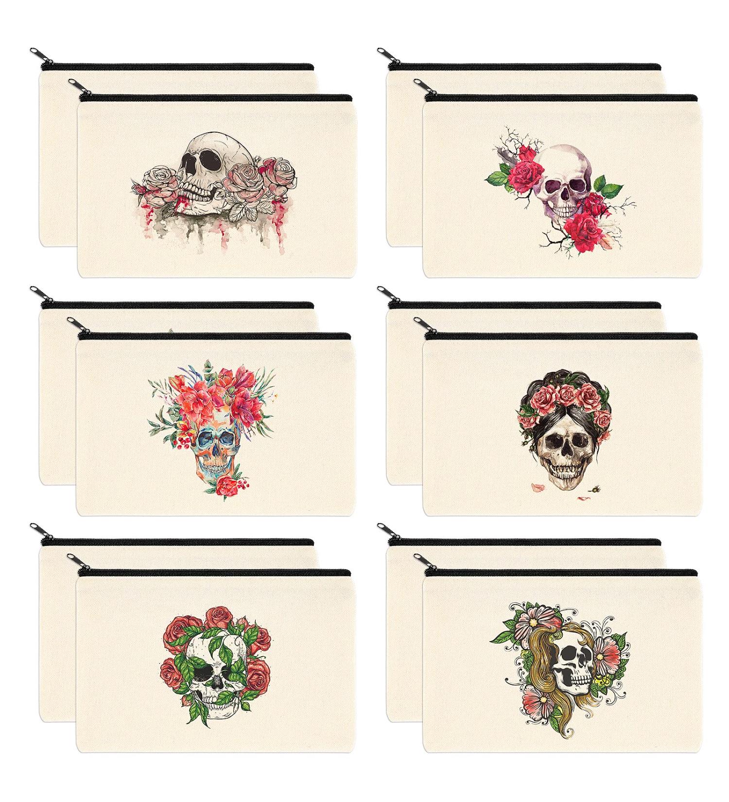 PARBEE Sugar Skull Makeup Bag Set - 12PCS Canvas Cosmetic Pouch Zipper Toiletry Bags for Dia de los Muertos - Day of the Dead Multi-purpose Organizers - Buy Online on GoSupps.com
