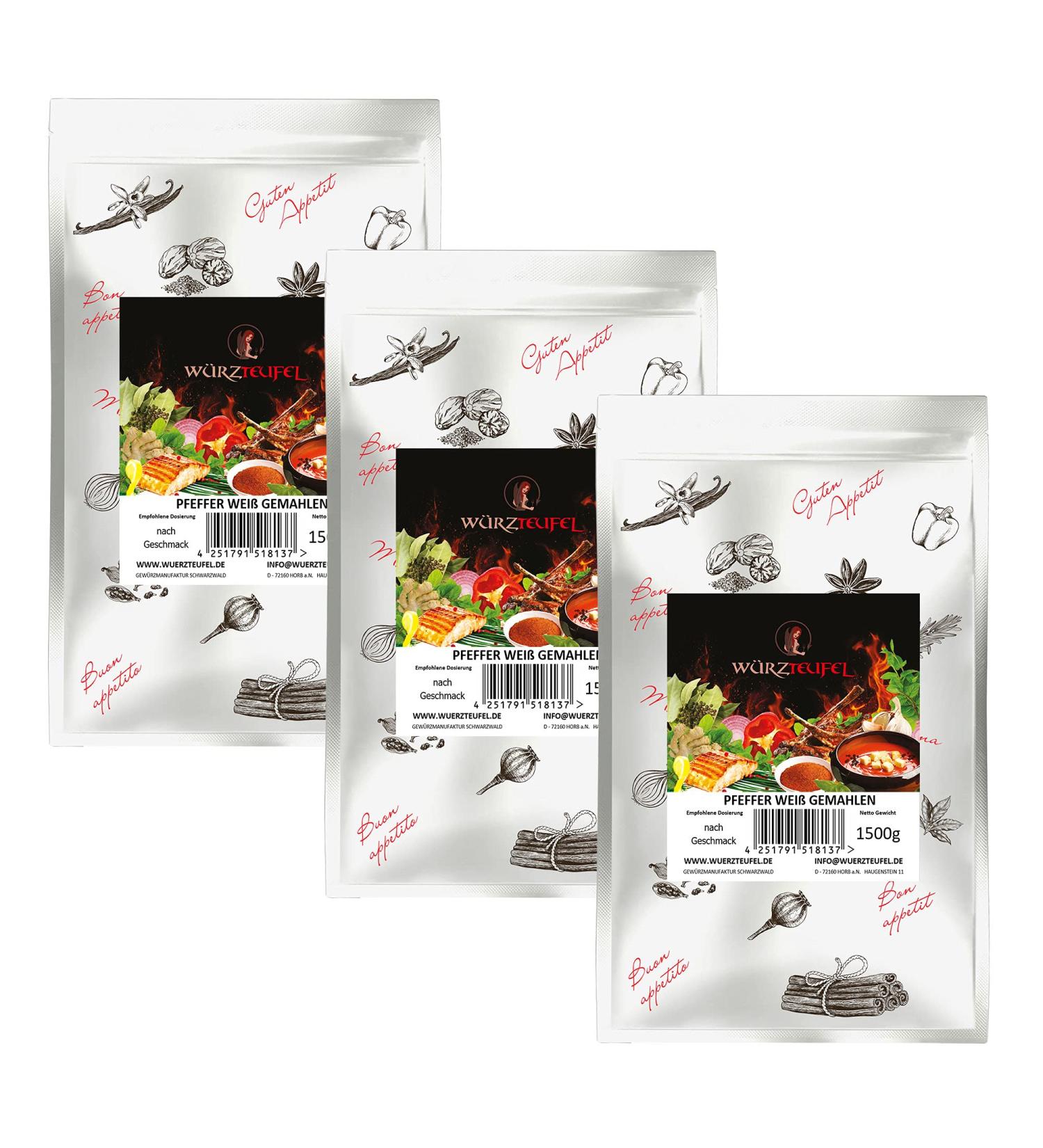 Poivre blanc finement moulu r duction des germes Qualit sup rieure en provenance d'Indon sie 3 sachets XL de 1500 g (4 5 kg) - Buy Online on GoSupps.com