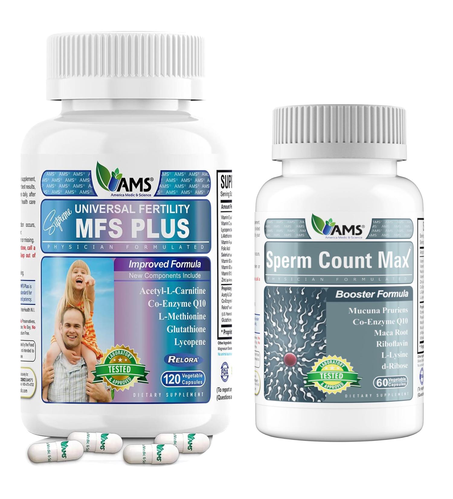 America Medic & Science MFS Plus (120 Capsules) and Sperm Count Max Supplement (60 Capsules) |Fertility Supplements for Men - Buy Online on GoSupps.com
