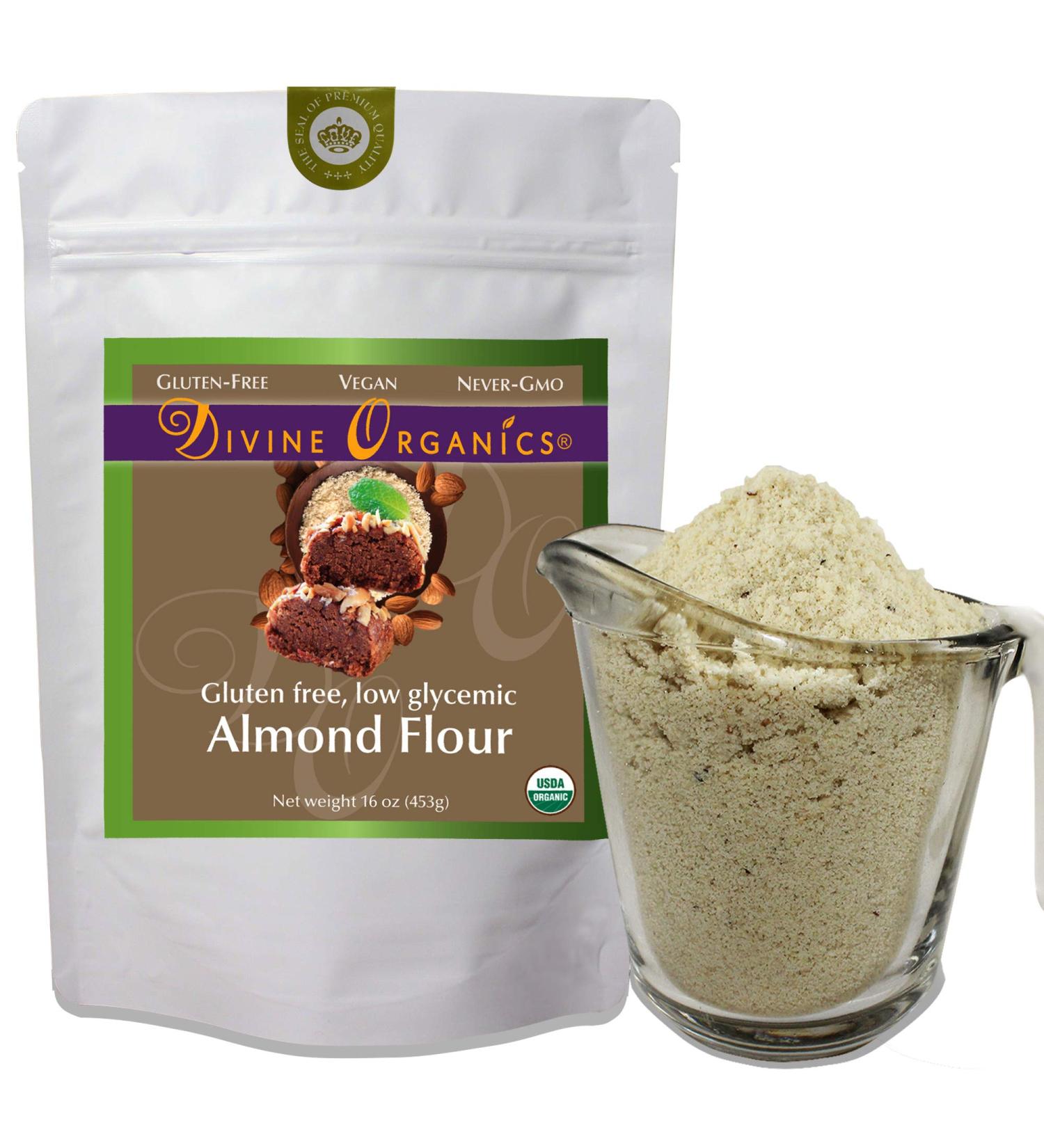 Divine Organics 16 oz Organic Almond Flour Powdered - Gluten Free, Low Glycemic, Non-GMO - 1 Pound Pack - Buy Online on GoSupps.com