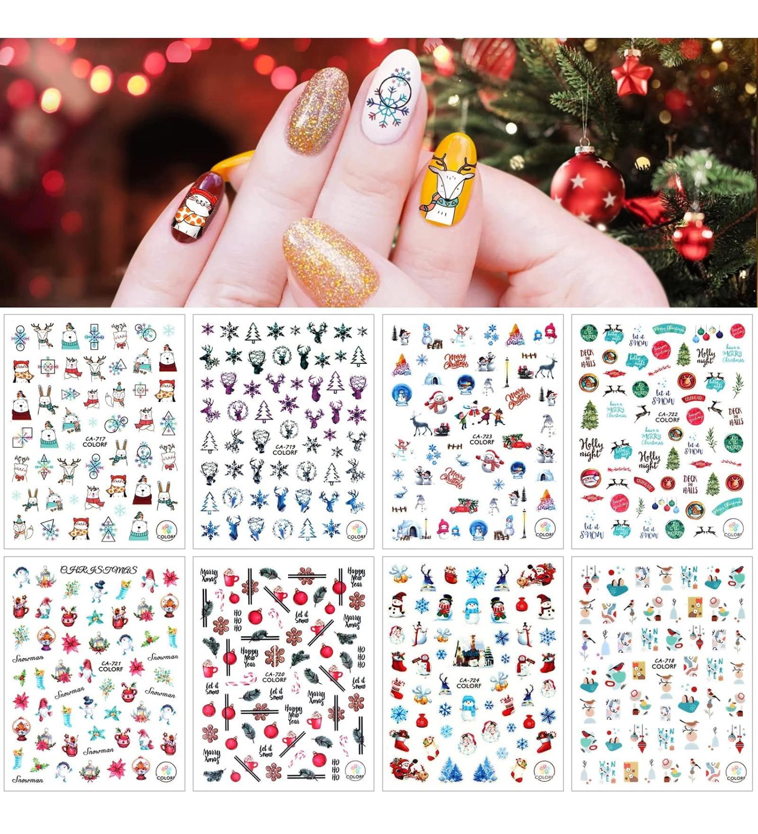 Kalolary 8 Sheets Christmas Nail Art Stickers Ultralight 3D Self-Adhesive Snowflake Santa Reindeer Socks Clause Nail Decals for Women Girls Kids Christmas Parties Nail Art Decoration - Buy Online on GoSupps.com