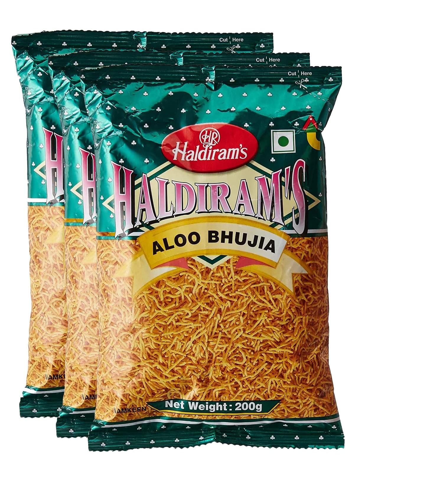 Haldiram's Haldiram Aloo Bhujia 200g (Pack of 3) Spicy Mix of Tasty Ingredients Crispy Aloo Snack Can be added to salads or bhel No Added Preservatives Spicy Potato Sticks