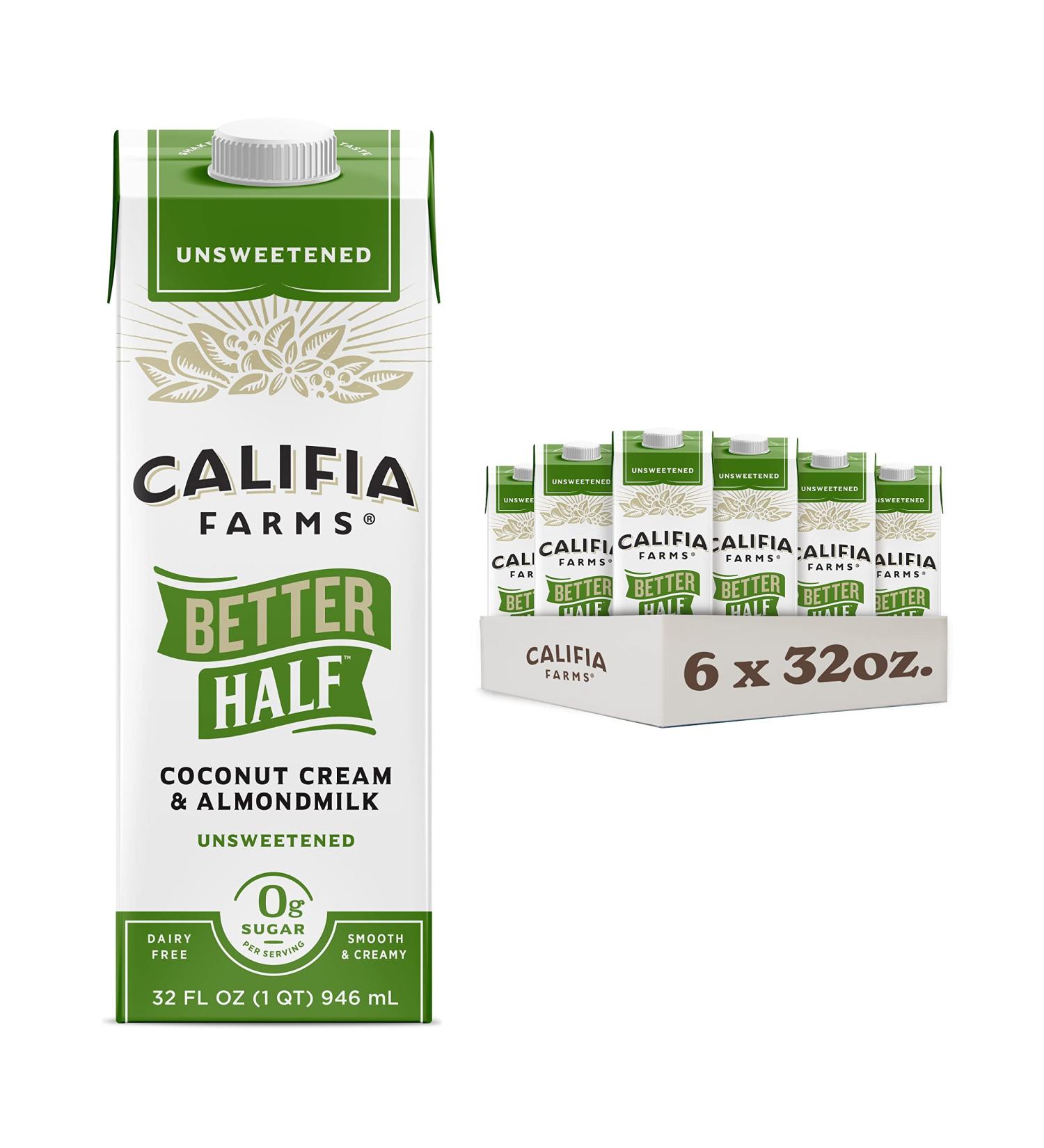 Califia Farms - Unsweetened Better Half  Half and Half Substitute  32 Oz (Pack of 6)  Almond Milk  Coconut Cream  Coffee Creamer  Keto  Shelf Stable  Dairy Free  Plant Based  Vegan Better Half - Unsweetened 32 Fl Oz (Pack of 6) - Buy Online on GoSupps.com