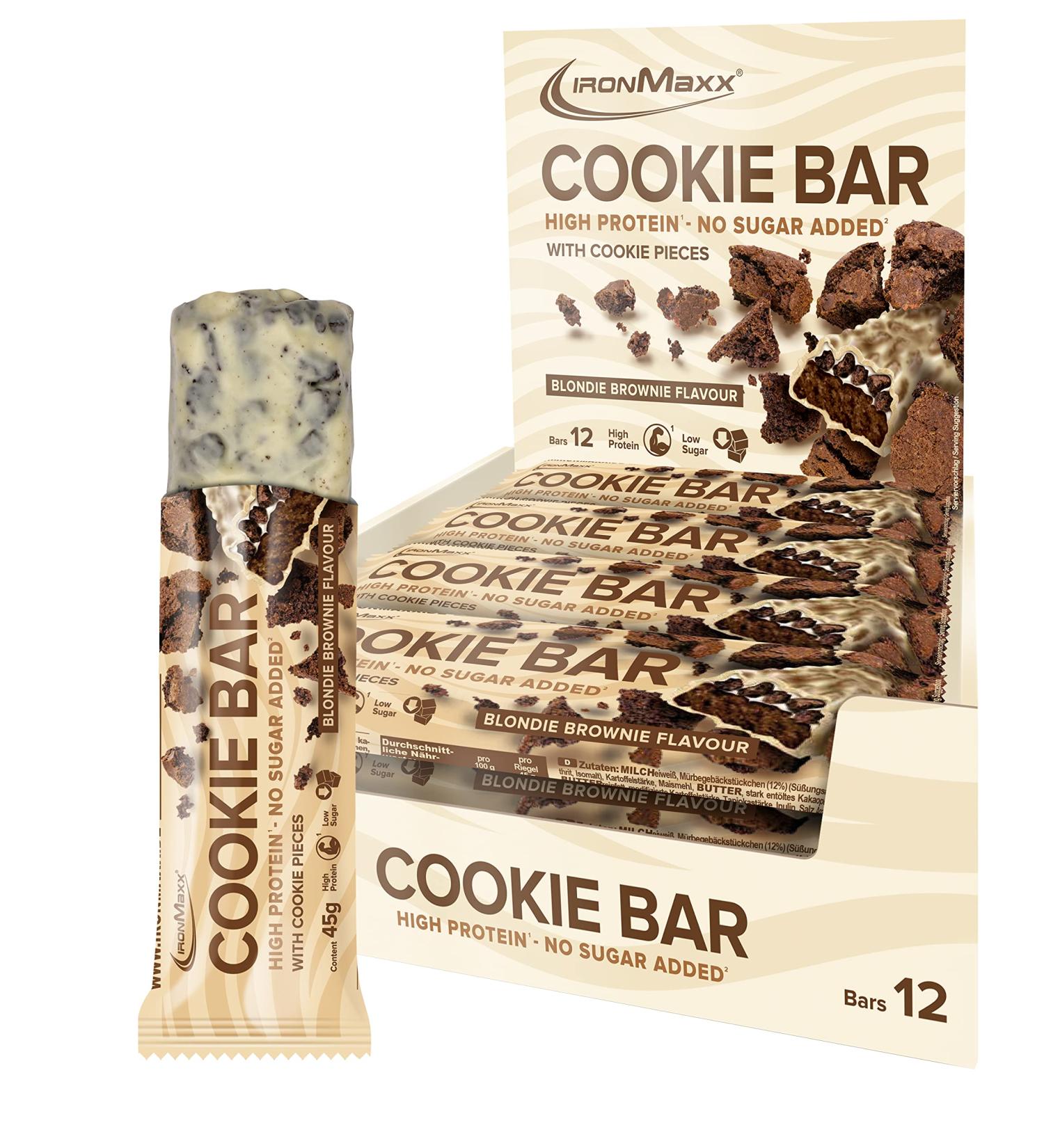 Ironmaxx Cookie Bar - Blondie Brownie Flavor | 12x45g Protein Bar | Palm Oil-Free & Low Sugar Delight | Delicious Biscuit Pieces - Buy Online on GoSupps.com