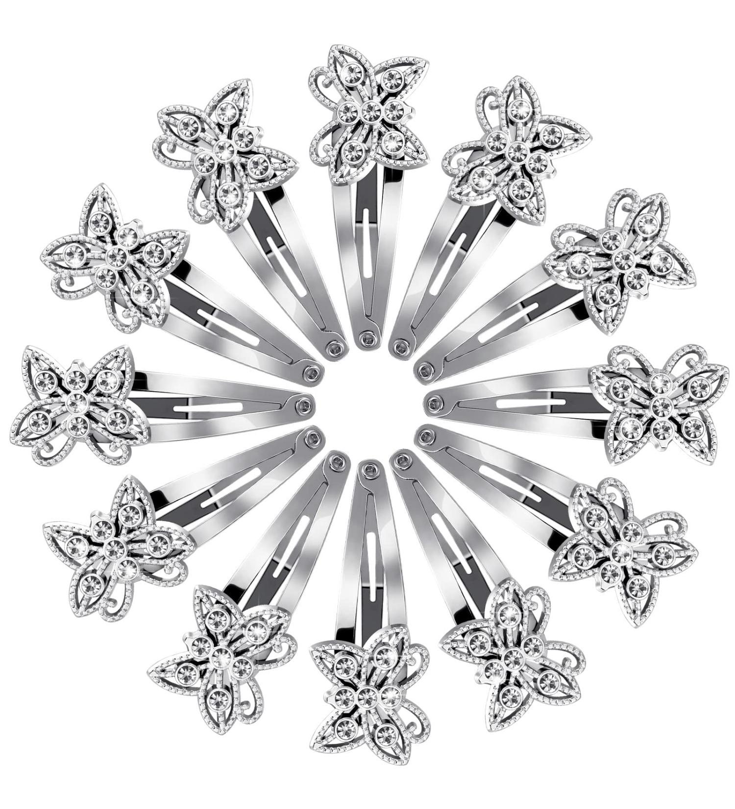 Silver Rhinestone Butterfly Snap Clips - 12 Pieces | Hair Barrettes for Women & Girls | Glitter Jeweled Hair Pins | Wedding Hair Accessories - Buy Online on GoSupps.com