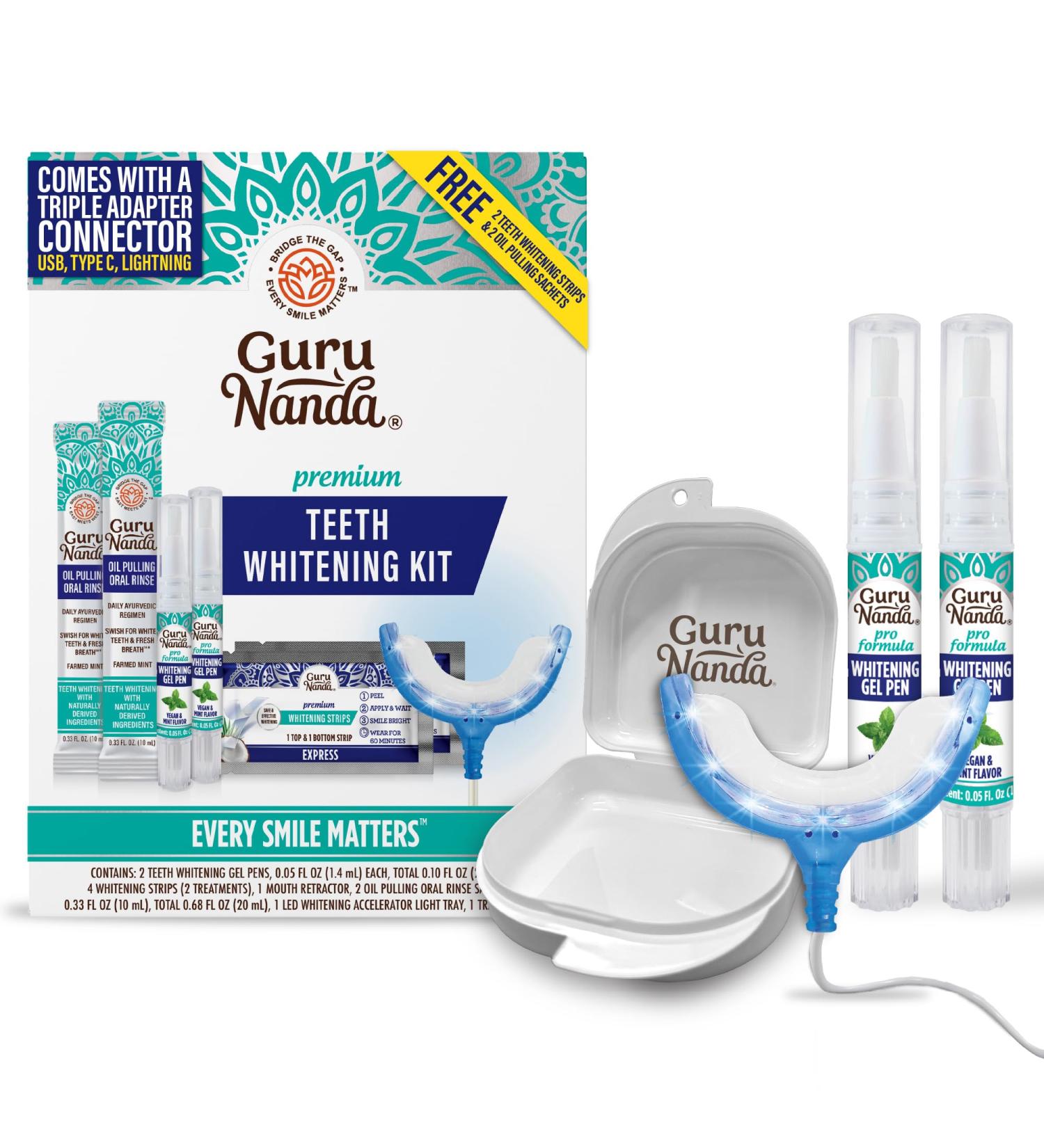 GuruNanda Premium Teeth Whitening Kit with Wired LED Light & Whitening Pen Works with iPhone & Android Helps Remove Surface Stains from Coffee Food Soda - Buy Online on GoSupps.com