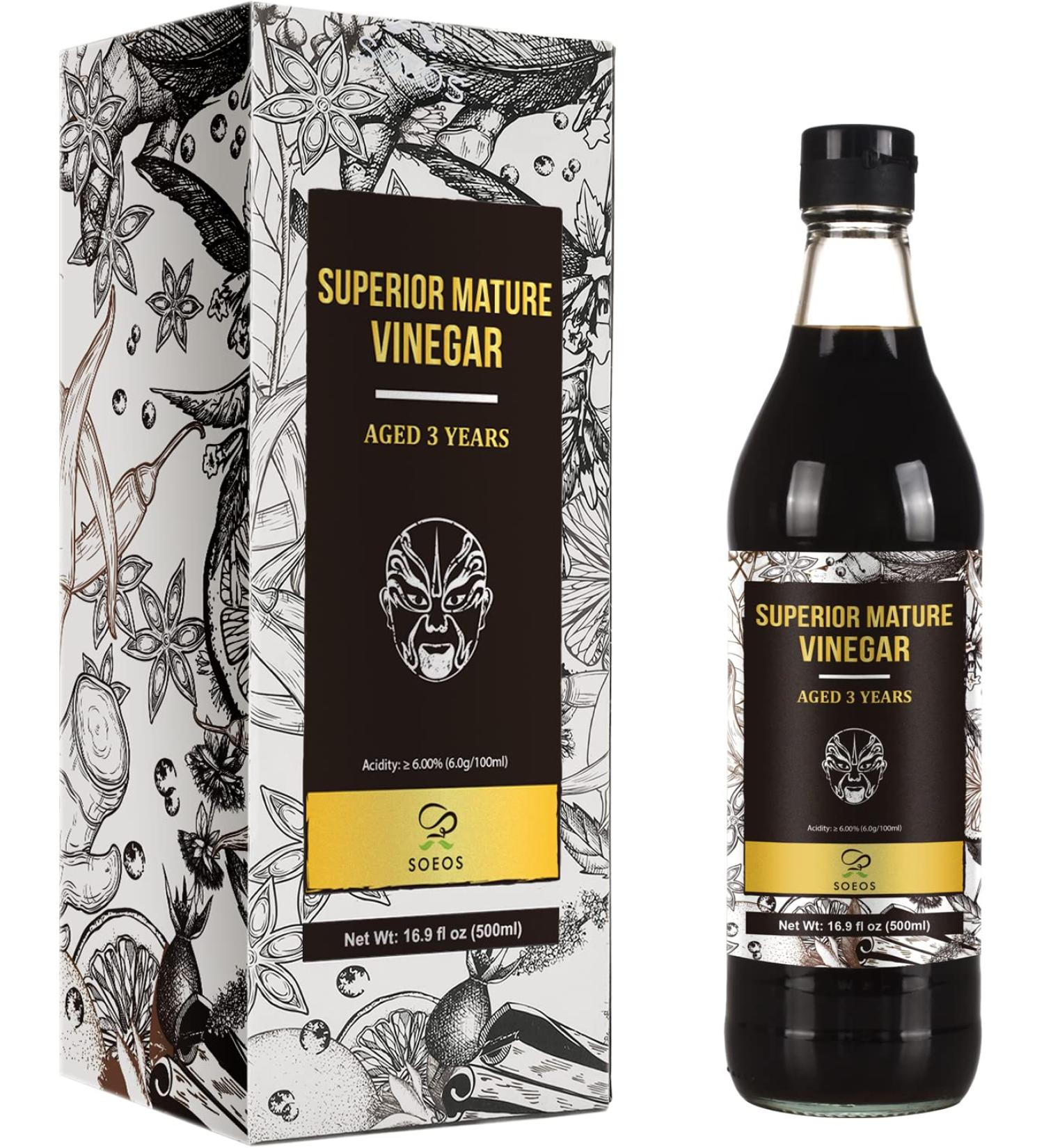 Soeos Chinkiang Vinegar 16.9 fl oz (500ml) - 3 Years Aged | Naturally Fermented Black Vinegar | Zhenjiang Black Rice Vinegar - Matured Chinese Black Vinegar - Buy Online on GoSupps.com
