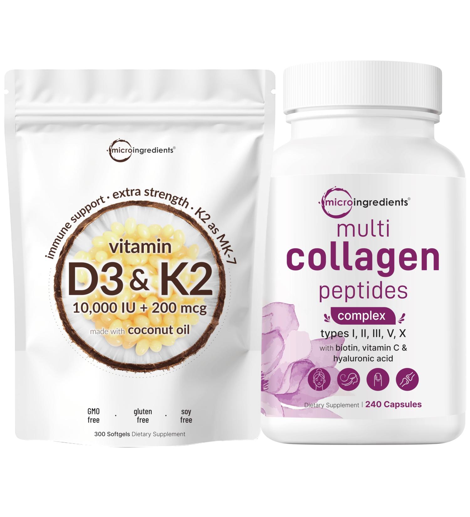 Micro Ingredients Vitamin D3 10000 iu + K2 200 mcg Coconut Oil Softgels & Multi Collagen Complex for Women Bundle 2 Pack | Essential Sunshine Vitamins | Hydrolyzed Protein Peptides - Buy Online on GoSupps.com
