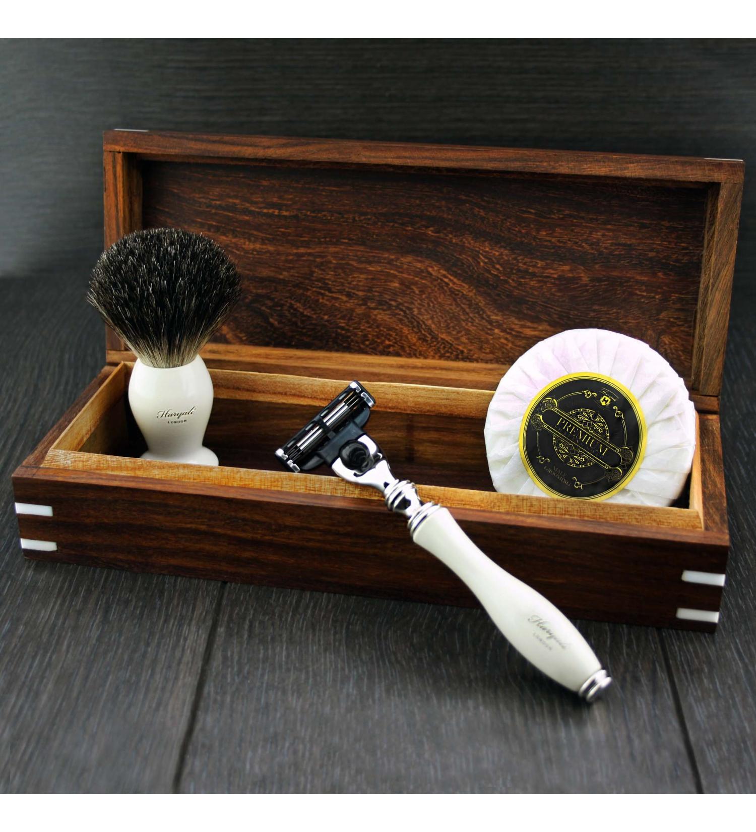 Premium 3 Edge Shaving Razor Kit - Black Badger Hair Brush & Soap in Handmade Wooden Box | Perfect Gift for Men - Buy Online on GoSupps.com