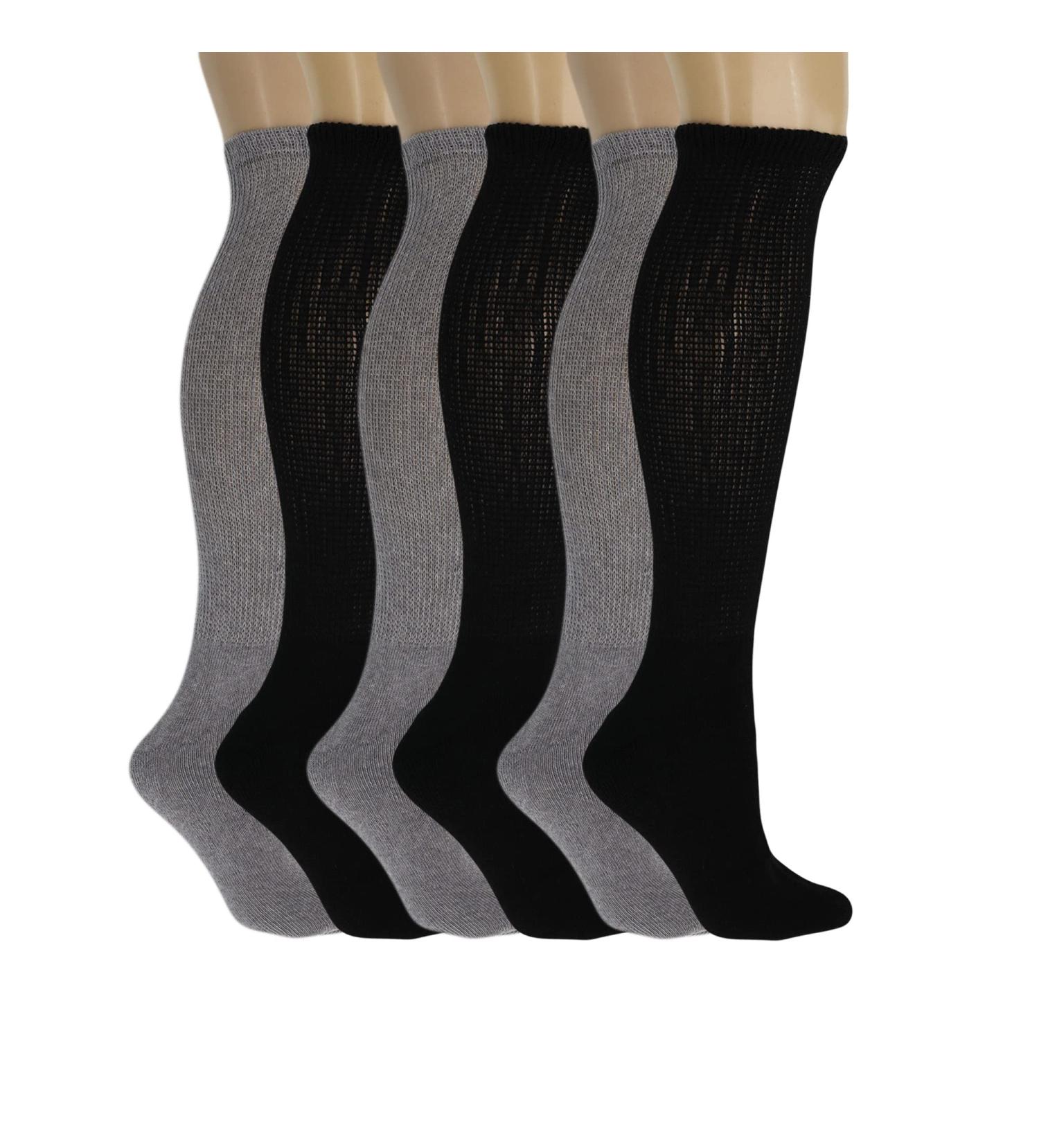 American Made Diabetic Over The Calf Knee Socks for Men - Loose Fit, Non Binding Top - 6 Pairs (3 Black, 3 Gray) - Buy Online on GoSupps.com