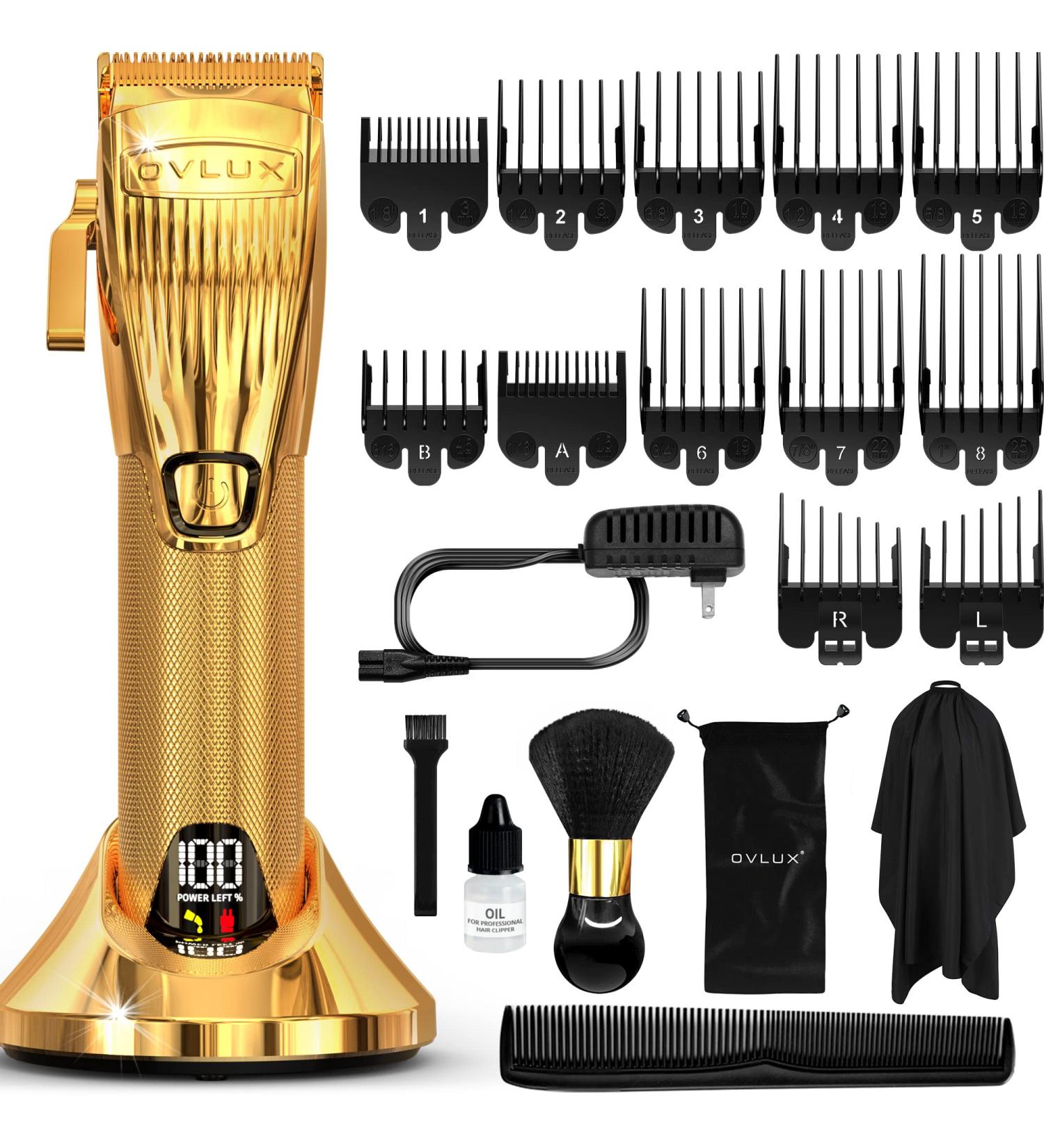 OVLUX Professional Hair Clippers for Men - Cordless Beard Grooming Kit with Clipper Guards | Full-Metal Body, Charging Base | Ideal for Barbers | Gifts for Men - Gold - Buy Online on GoSupps.com