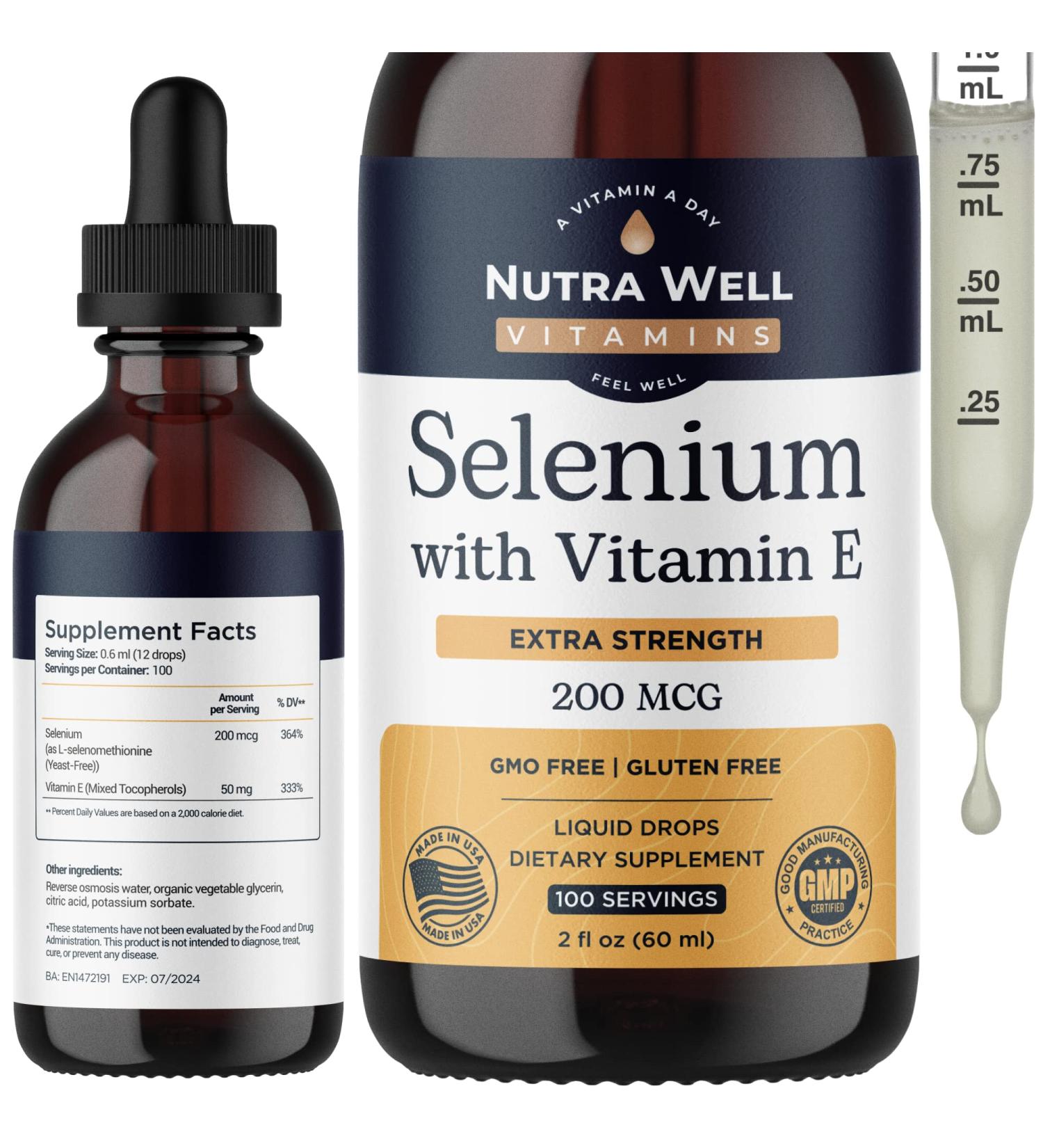 Nutra Well Vitamins Selenium 200mcg - Immune & Heart Support Liquid Drops with Vitamin E - 100 Servings - Buy Online on GoSupps.com