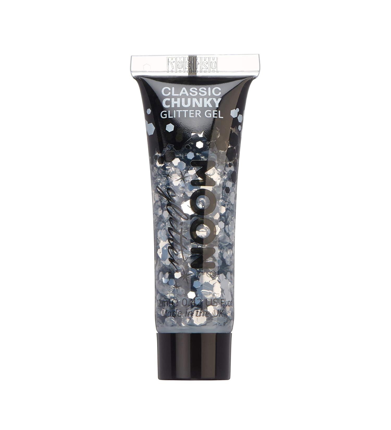 Silver Chunky Glitter Gel by Moon Glitter - Cosmetic Festival Paint for Face, Body, Hair & Nails 12ml - Buy Online on GoSupps.com