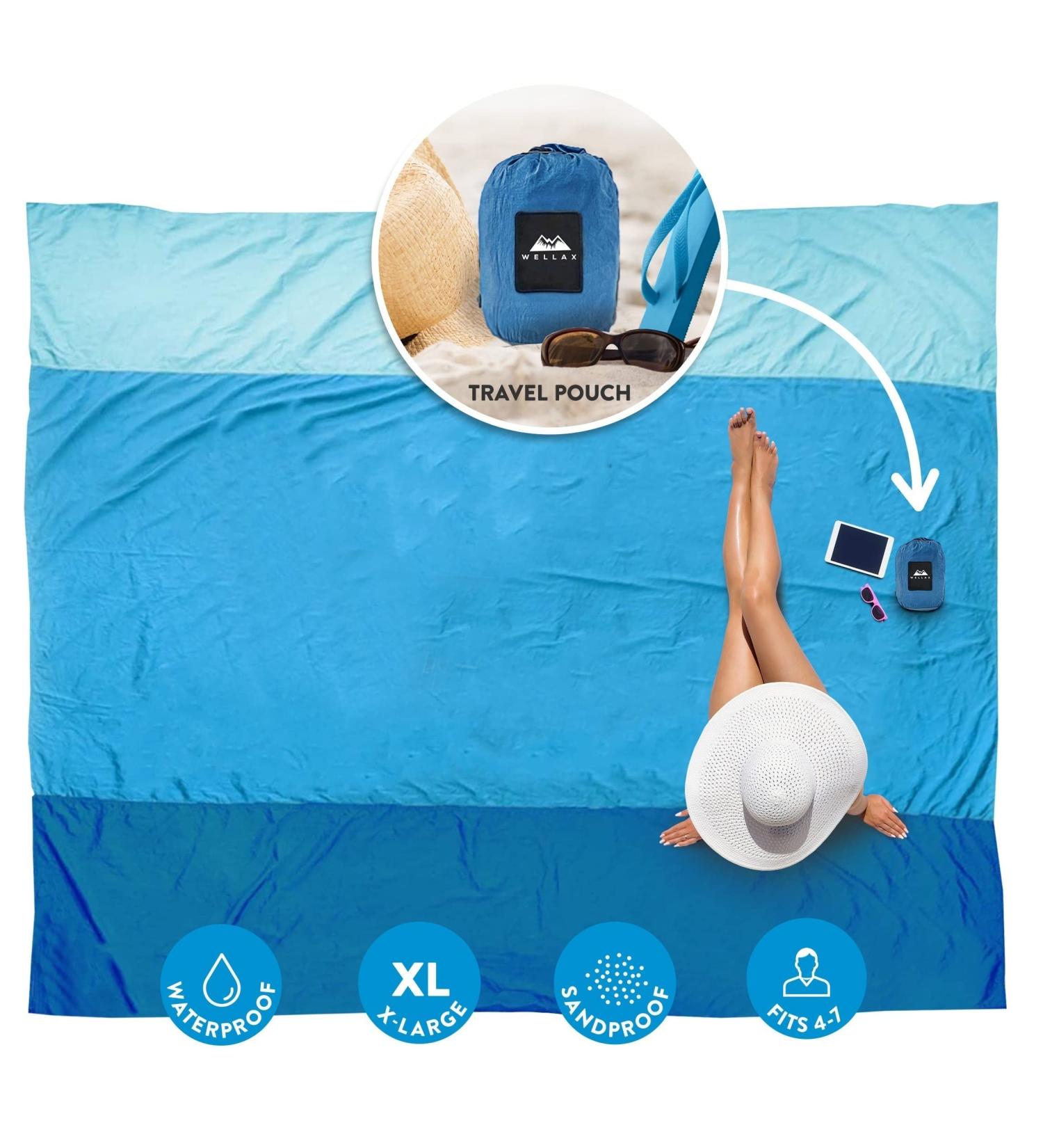 WELLAX Beach Blanket 9x10 Ft - Waterproof, Sandproof, Lightweight Mat for 8 Persons - Quick Drying, Durable, 8 Pockets, 4 Stakes - Great for Picnic, Camping, Travel - Blue - Buy Online on GoSupps.com