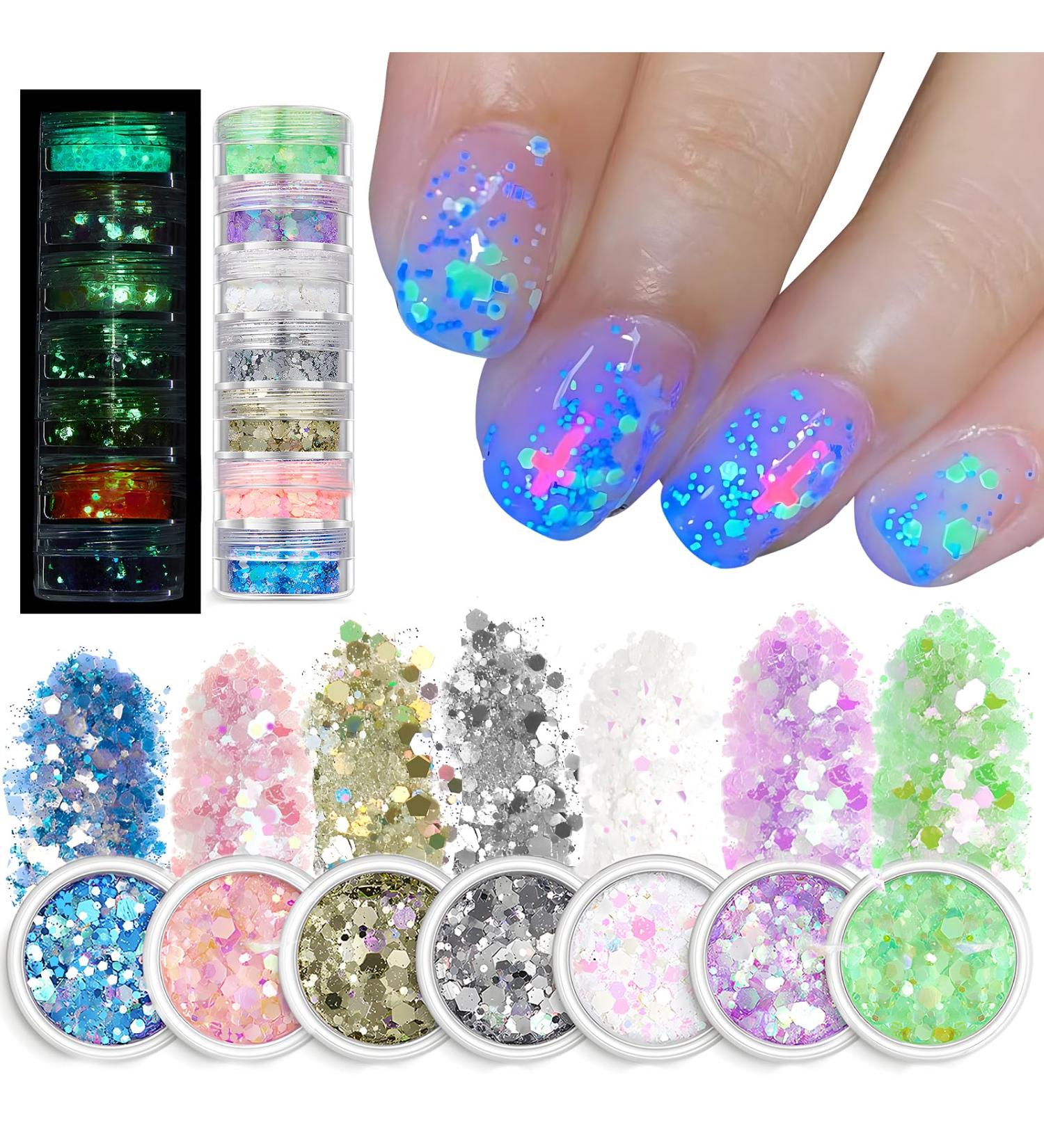 7 Boxes Luminous Nail Glitters Nail Sequins 7 Colours 3D Holographic Glitter Nail Flakes for Nail Art Decals Nail Glitter Sequins Nail Art Design Nail Decorations for Women Girls - Buy Online on GoSupps.com