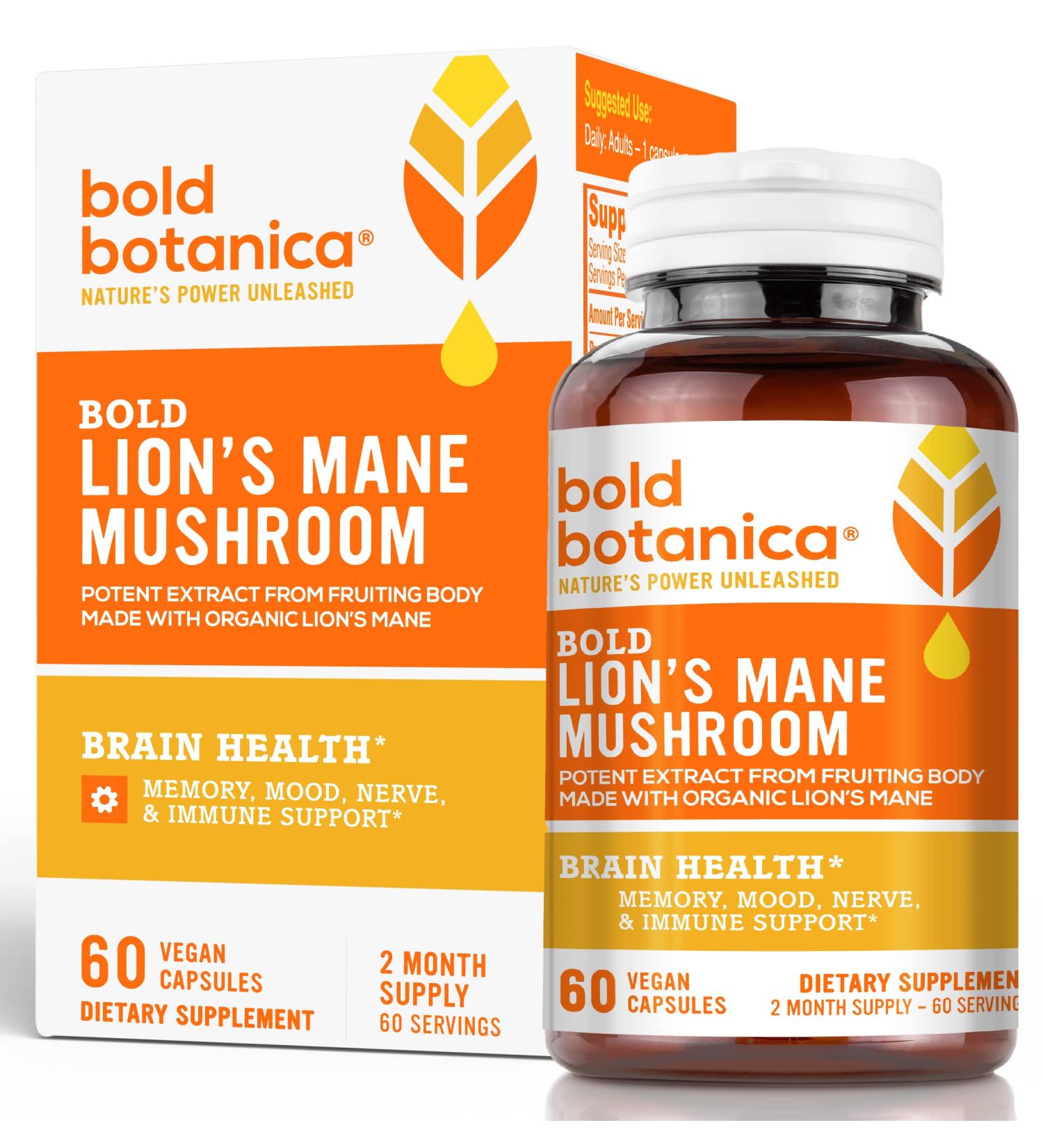 Bold Botanica Lion's Mane Mushroom Capsules - Organic Extract for Brain Health, Memory & Immune Support - 60 Vegan Capsules - Buy Online on GoSupps.com