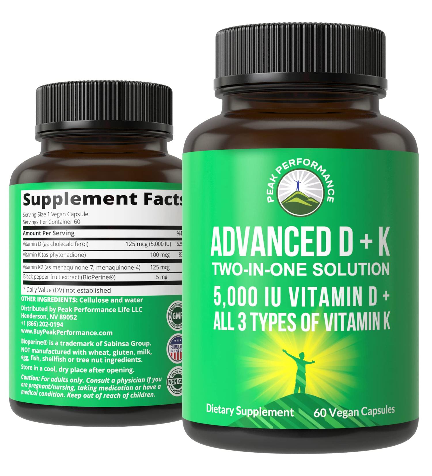 Peak Performance Advanced Vitamin D 5000 IU with Vitamin K 60 Veggie Pills - D3, K1, K2 (MK-4 & MK-7) Supplement - Buy Online on GoSupps.com