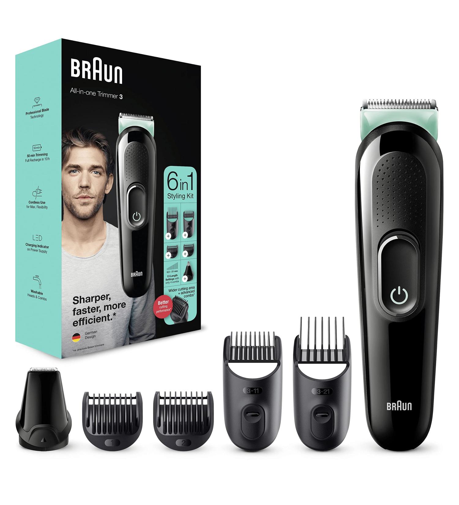 Braun 6-in-1 All-In-One Series 3 Male Grooming Kit with Beard Trimmer and Hair Clippers - Gifts for Men UK - MGK3221 Black/Volt Green - Buy Online on GoSupps.com